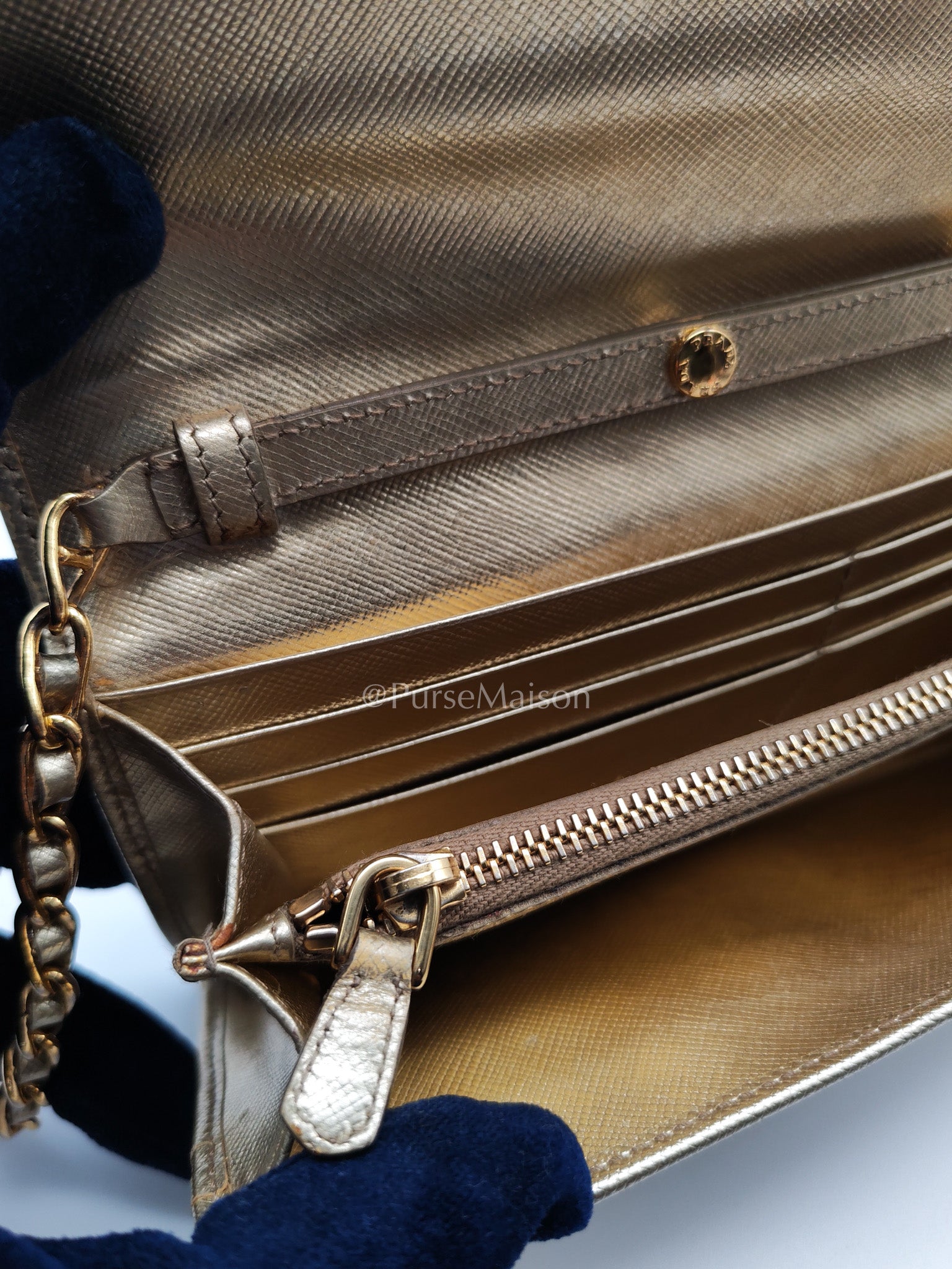 Prada Wallet on Chain Metal Oro in Gold Saffiano Leather and Gold Hardware | Purse Maison Luxury Bags Shop