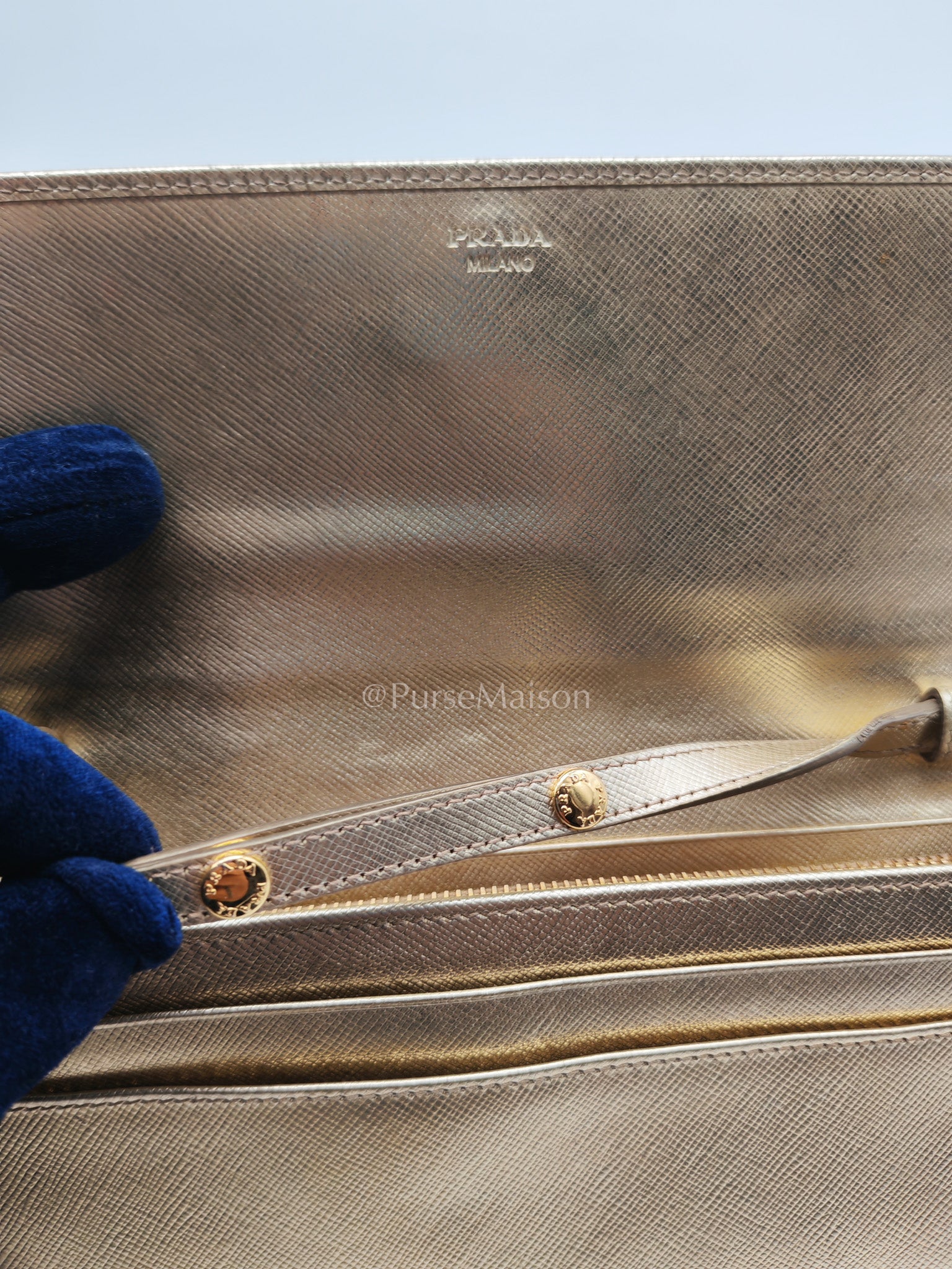 Prada Wallet on Chain Metal Oro in Gold Saffiano Leather and Gold Hardware | Purse Maison Luxury Bags Shop