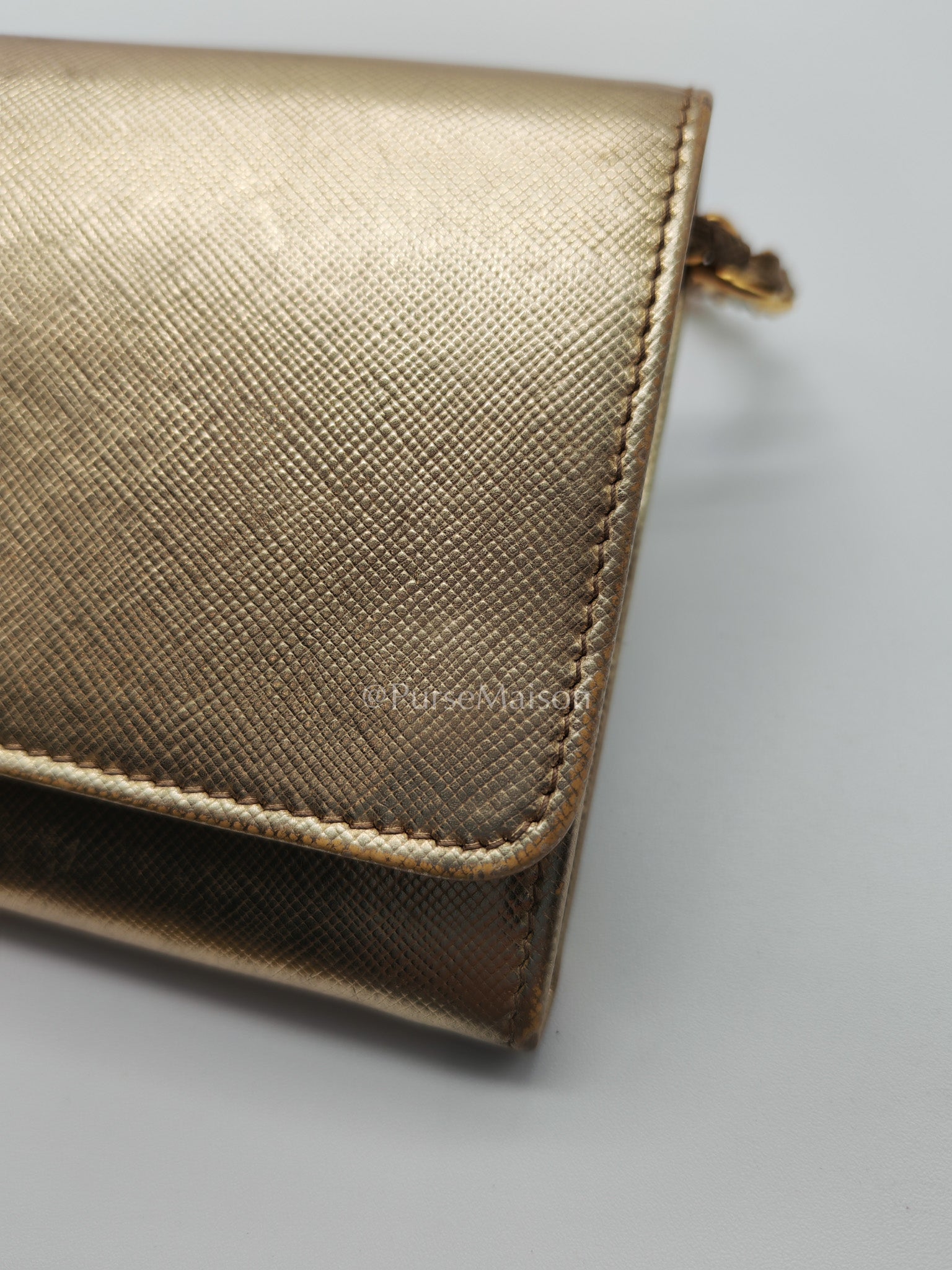 Prada Wallet on Chain Metal Oro in Gold Saffiano Leather and Gold Hardware | Purse Maison Luxury Bags Shop