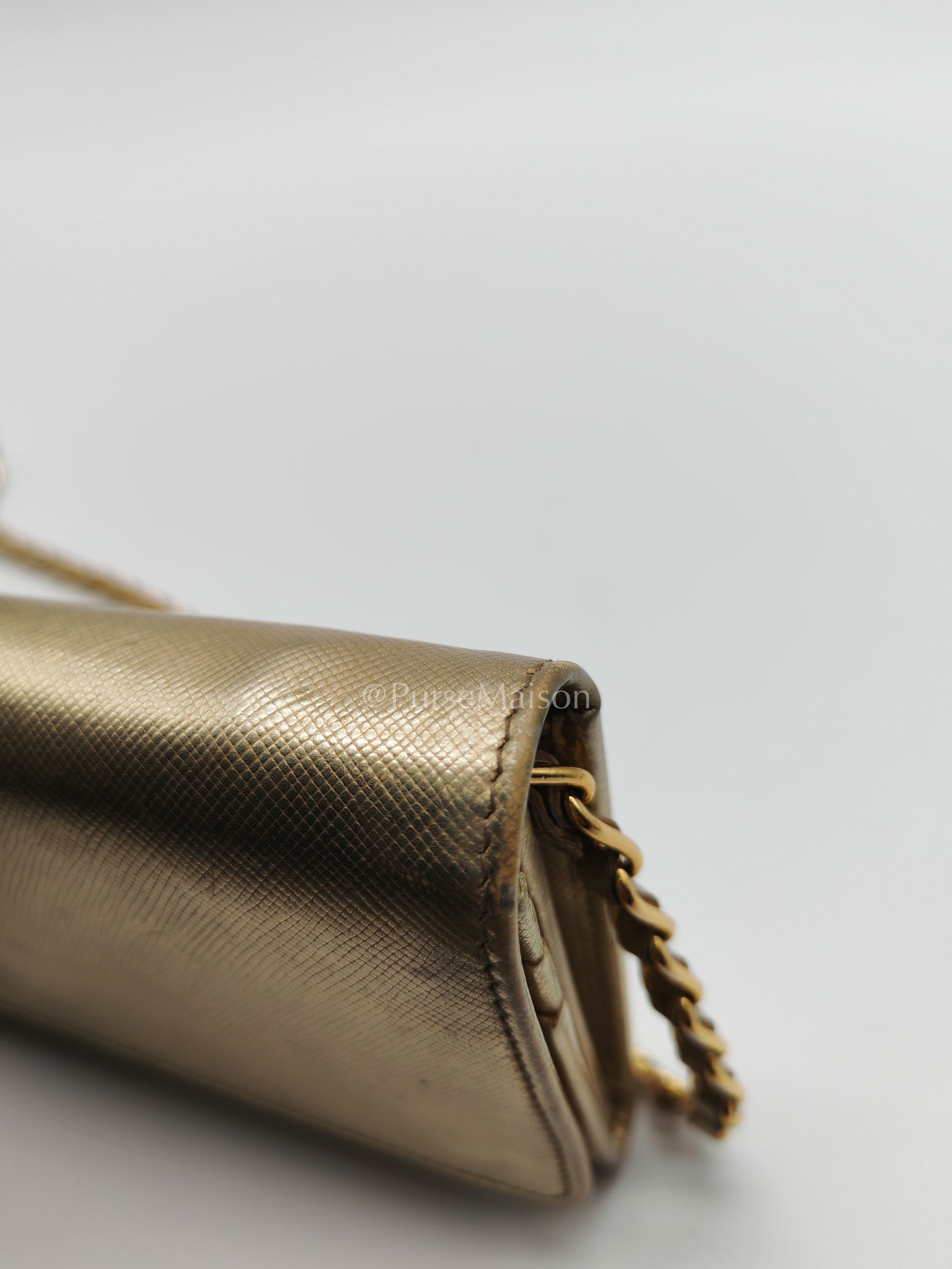 Prada Wallet on Chain Metal Oro in Gold Saffiano Leather and Gold Hardware | Purse Maison Luxury Bags Shop