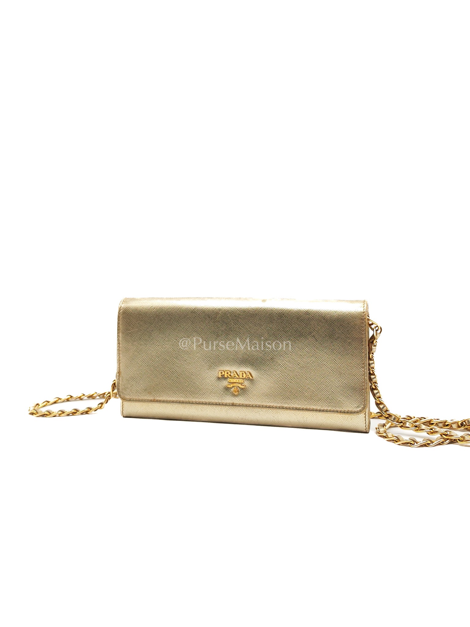 Prada Wallet on Chain Metal Oro in Gold Saffiano Leather and Gold Hardware | Purse Maison Luxury Bags Shop