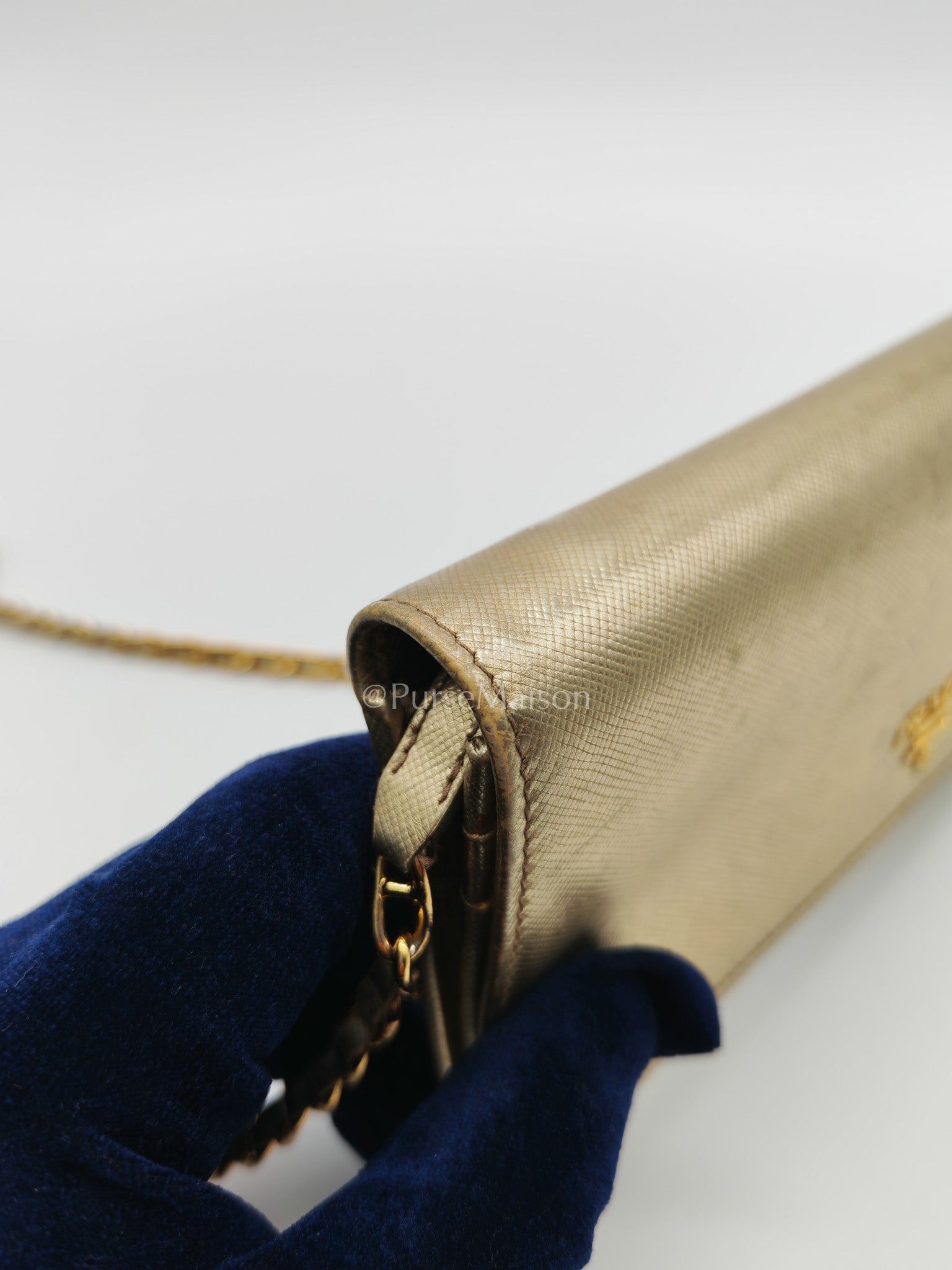 Prada Wallet on Chain Metal Oro in Gold Saffiano Leather and Gold Hardware | Purse Maison Luxury Bags Shop