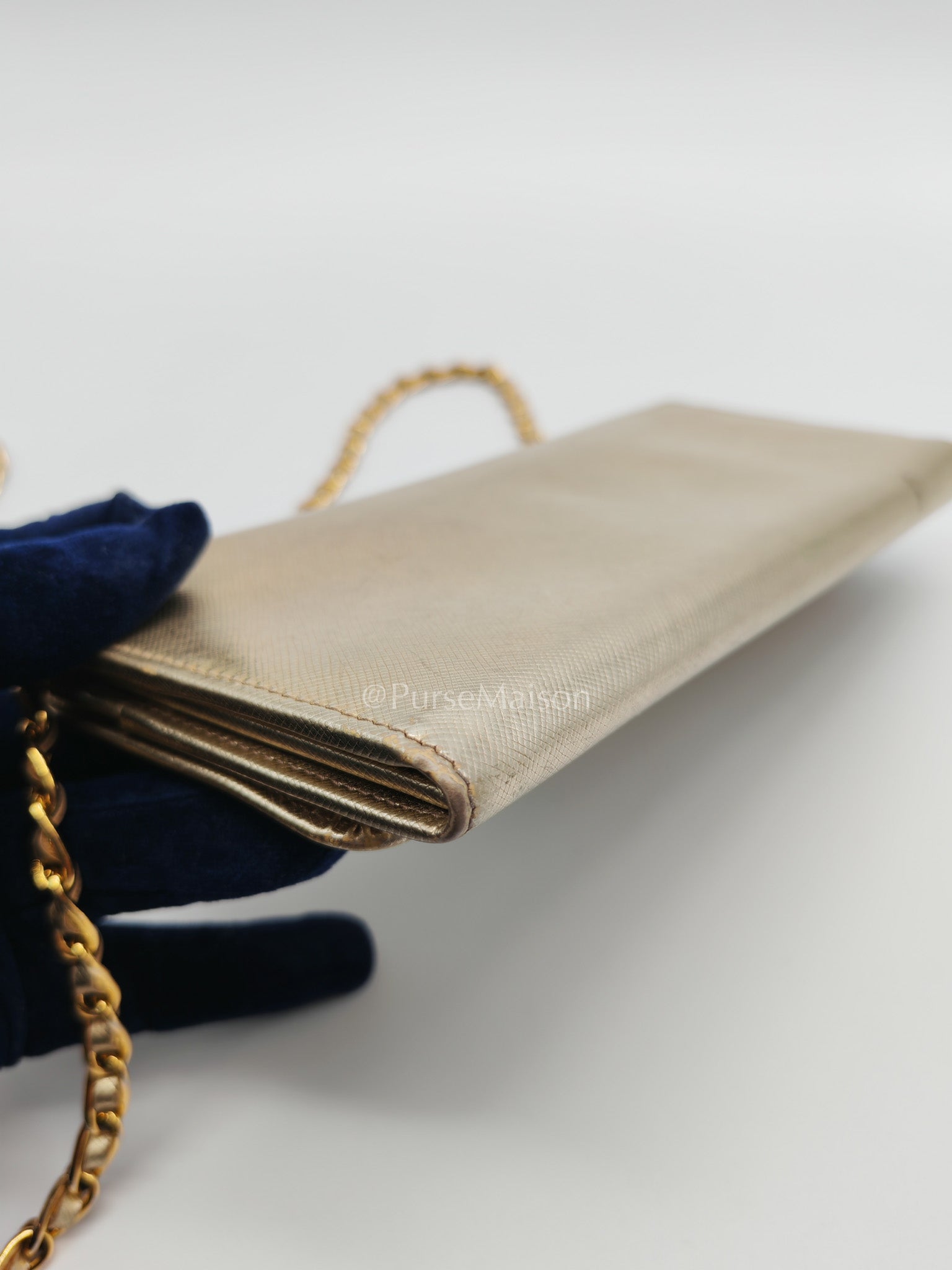 Prada Wallet on Chain Metal Oro in Gold Saffiano Leather and Gold Hardware | Purse Maison Luxury Bags Shop