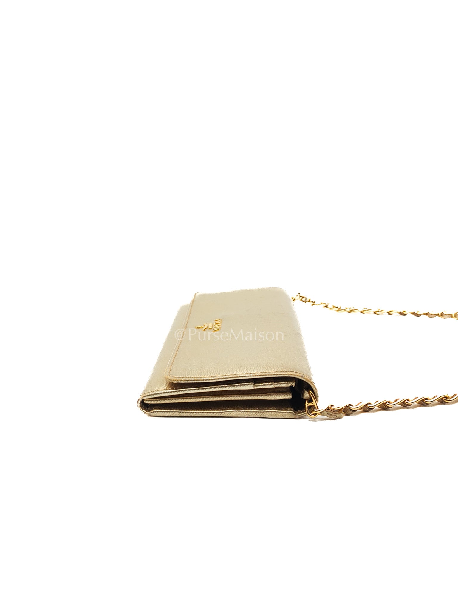 Prada Wallet on Chain Metal Oro in Gold Saffiano Leather and Gold Hardware | Purse Maison Luxury Bags Shop
