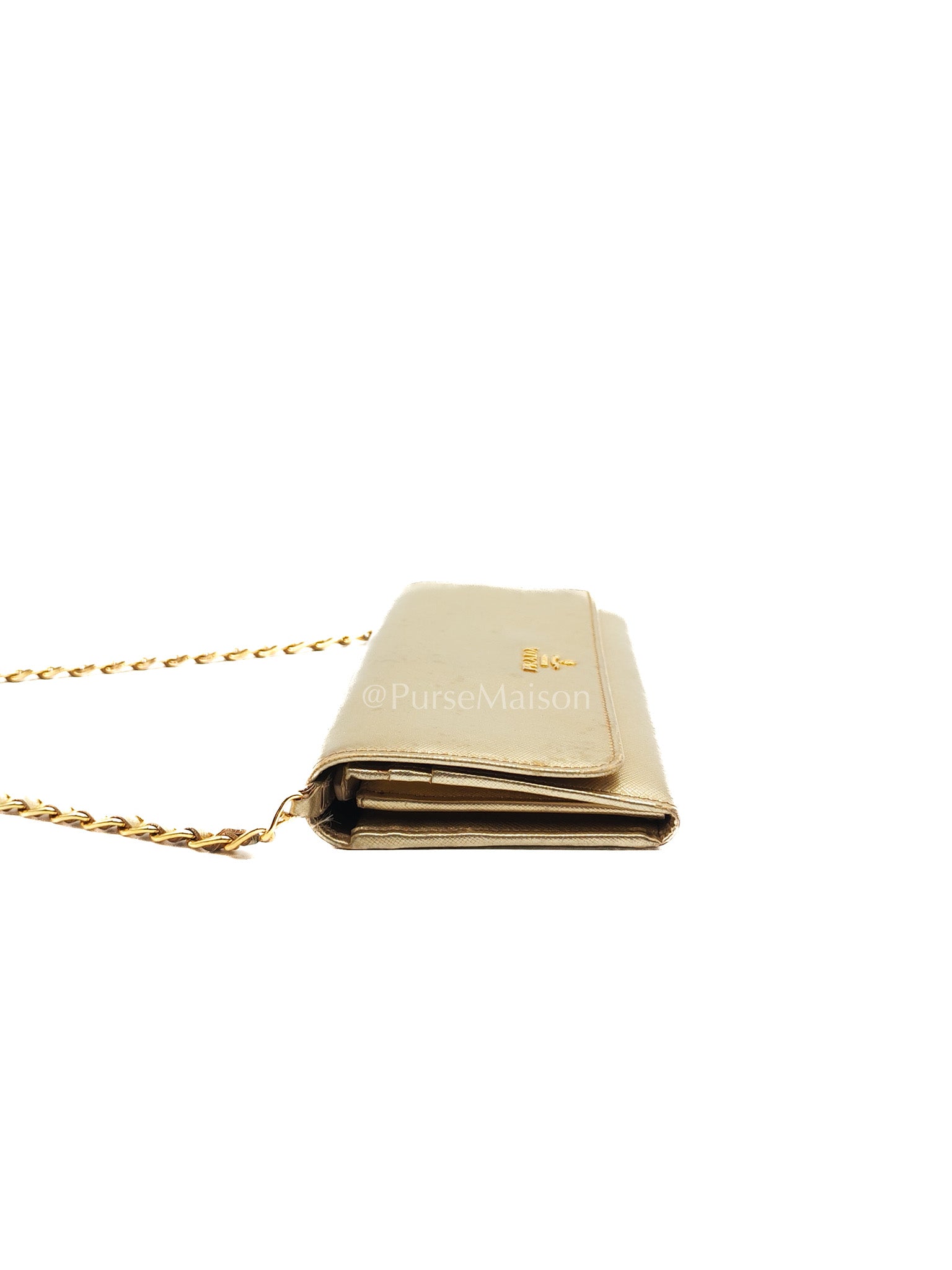 Prada Wallet on Chain Metal Oro in Gold Saffiano Leather and Gold Hardware | Purse Maison Luxury Bags Shop