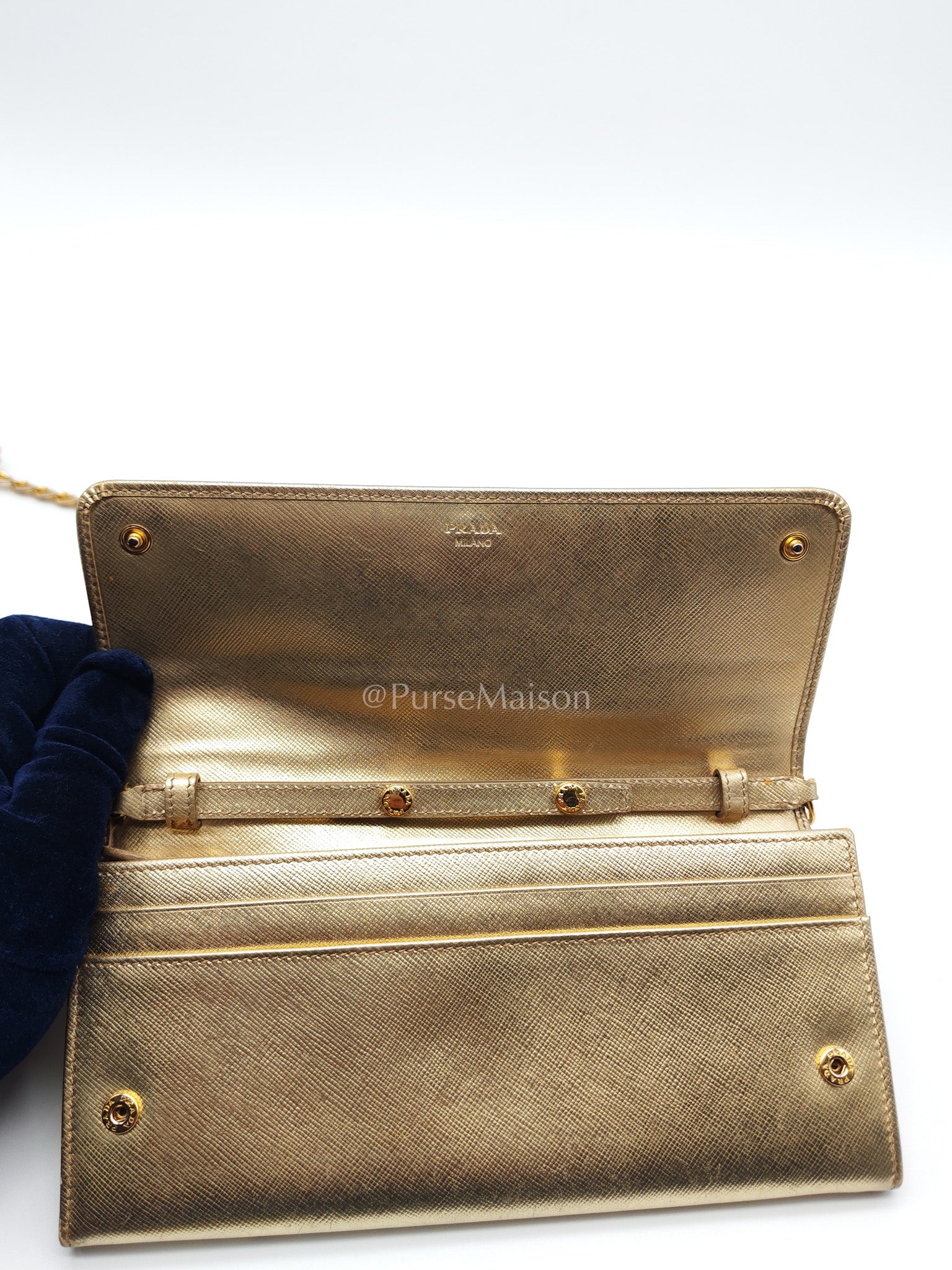 Prada Wallet on Chain Metal Oro in Gold Saffiano Leather and Gold Hardware | Purse Maison Luxury Bags Shop