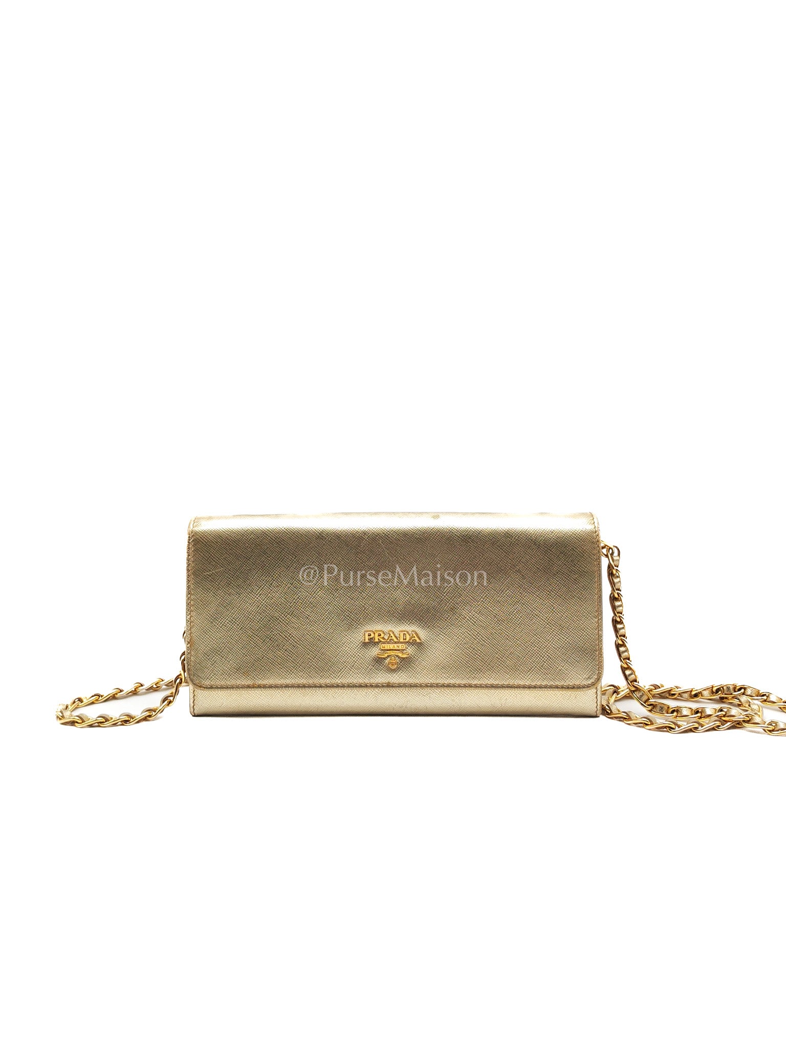 Prada Wallet on Chain Metal Oro in Gold Saffiano Leather and Gold Hardware | Purse Maison Luxury Bags Shop