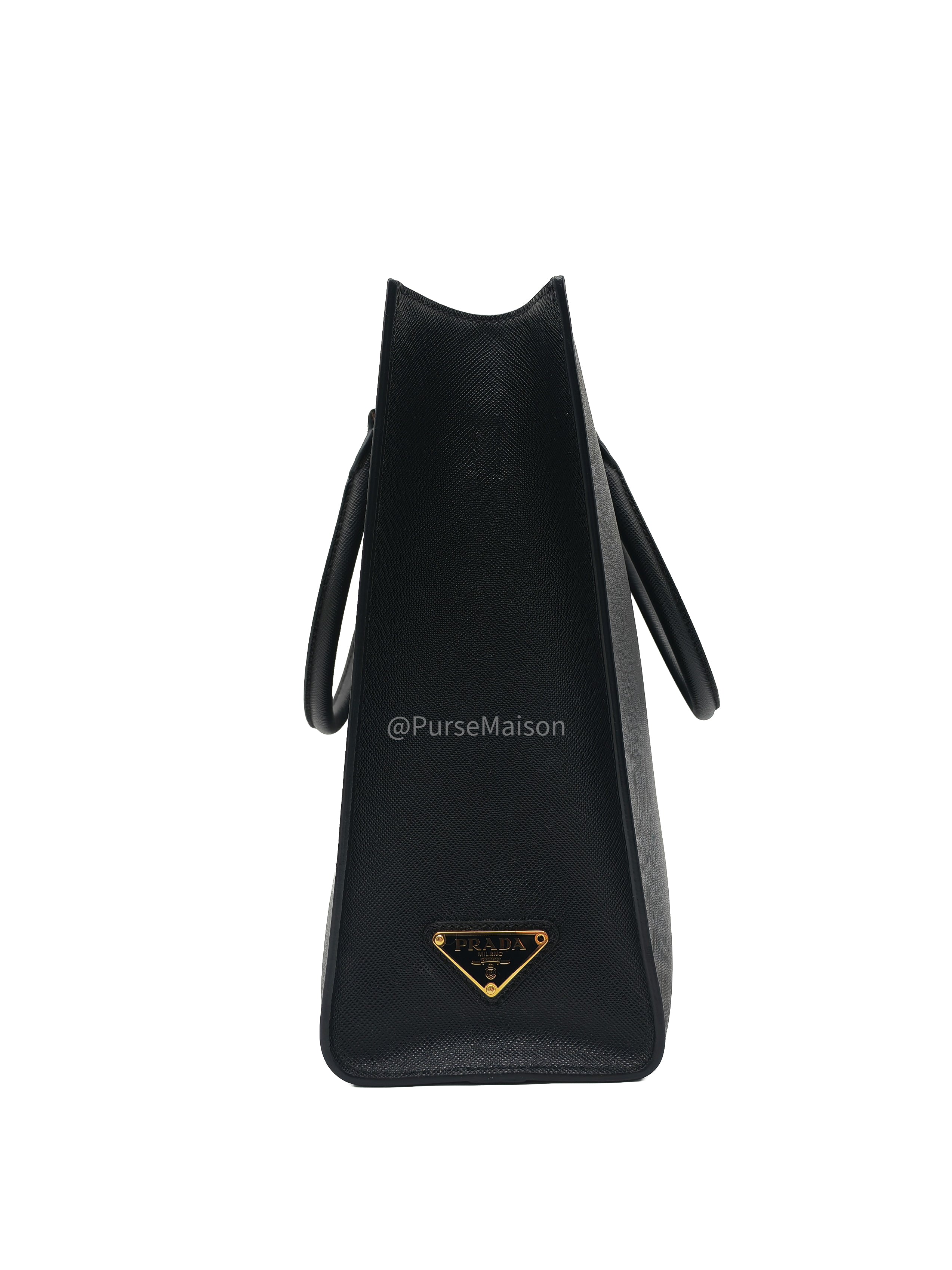 Prada Saffiano Lux Embossed Logo Medium Shoulder Tote Bag in Black Calfskin Leather and Gold Hardware