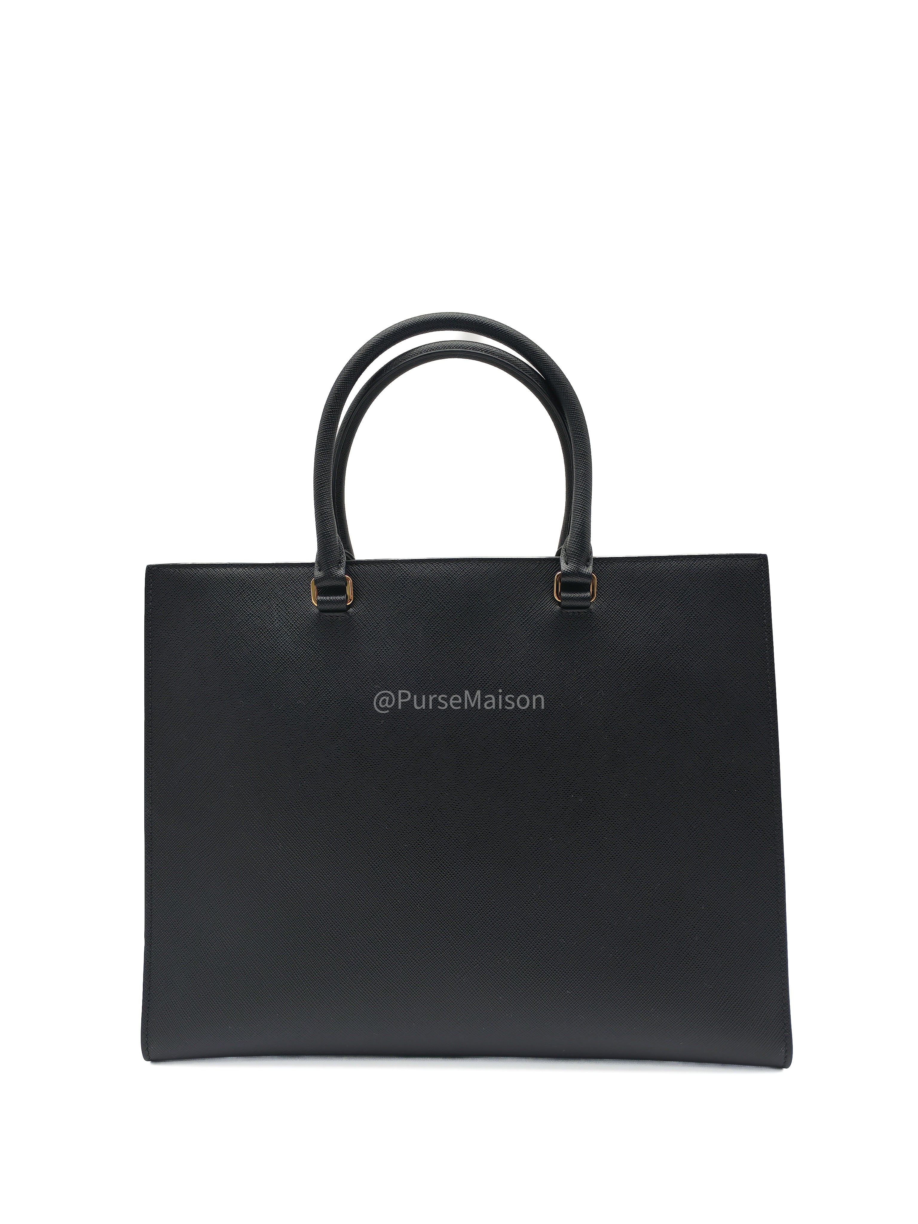 Prada Saffiano Lux Embossed Logo Medium Shoulder Tote Bag in Black Calfskin Leather and Gold Hardware