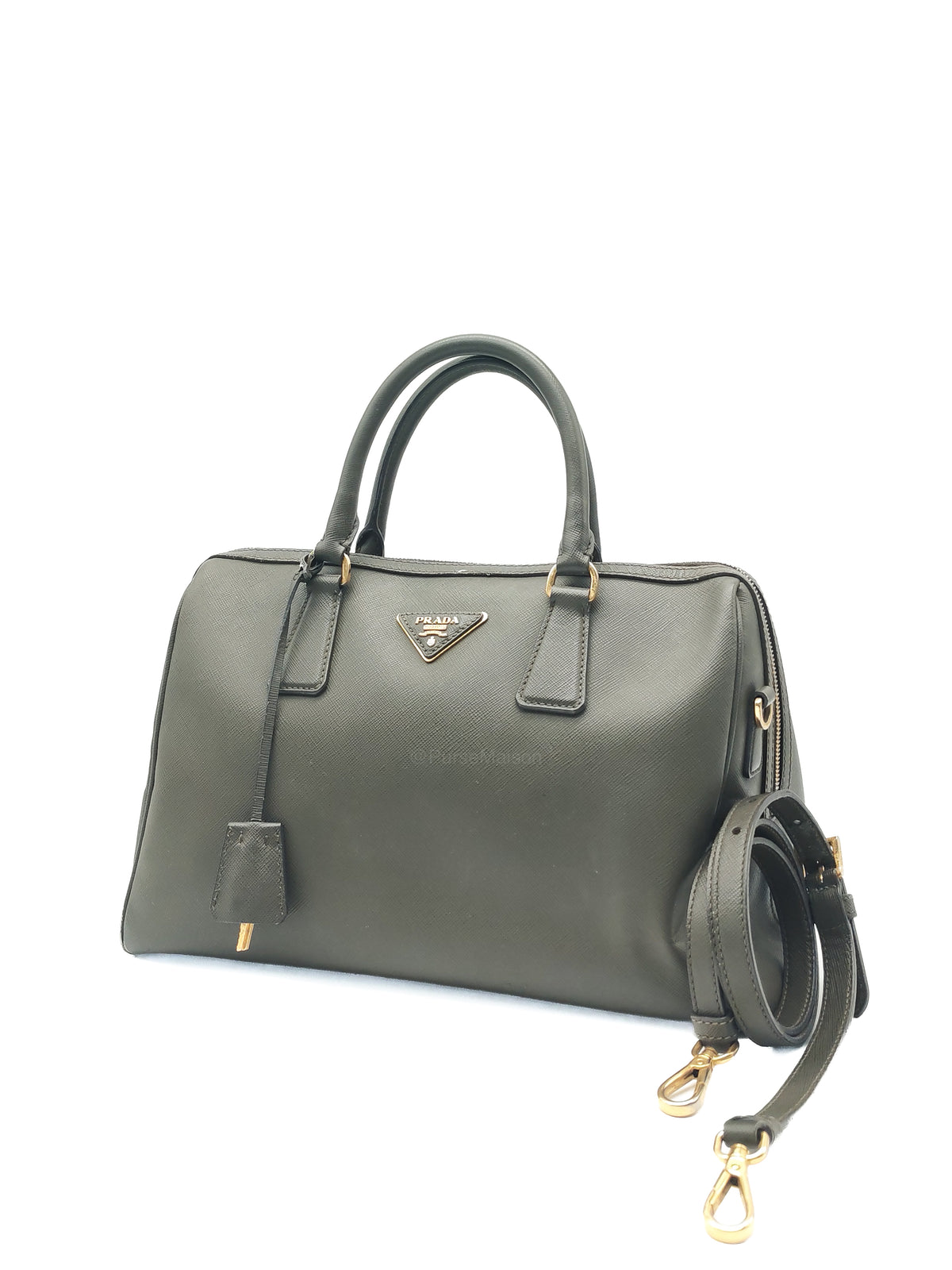 Prada Saffiano Lux Top Handle Bowler Bag in Olive Green Saffiano Cuir Leather and Gold Hardware