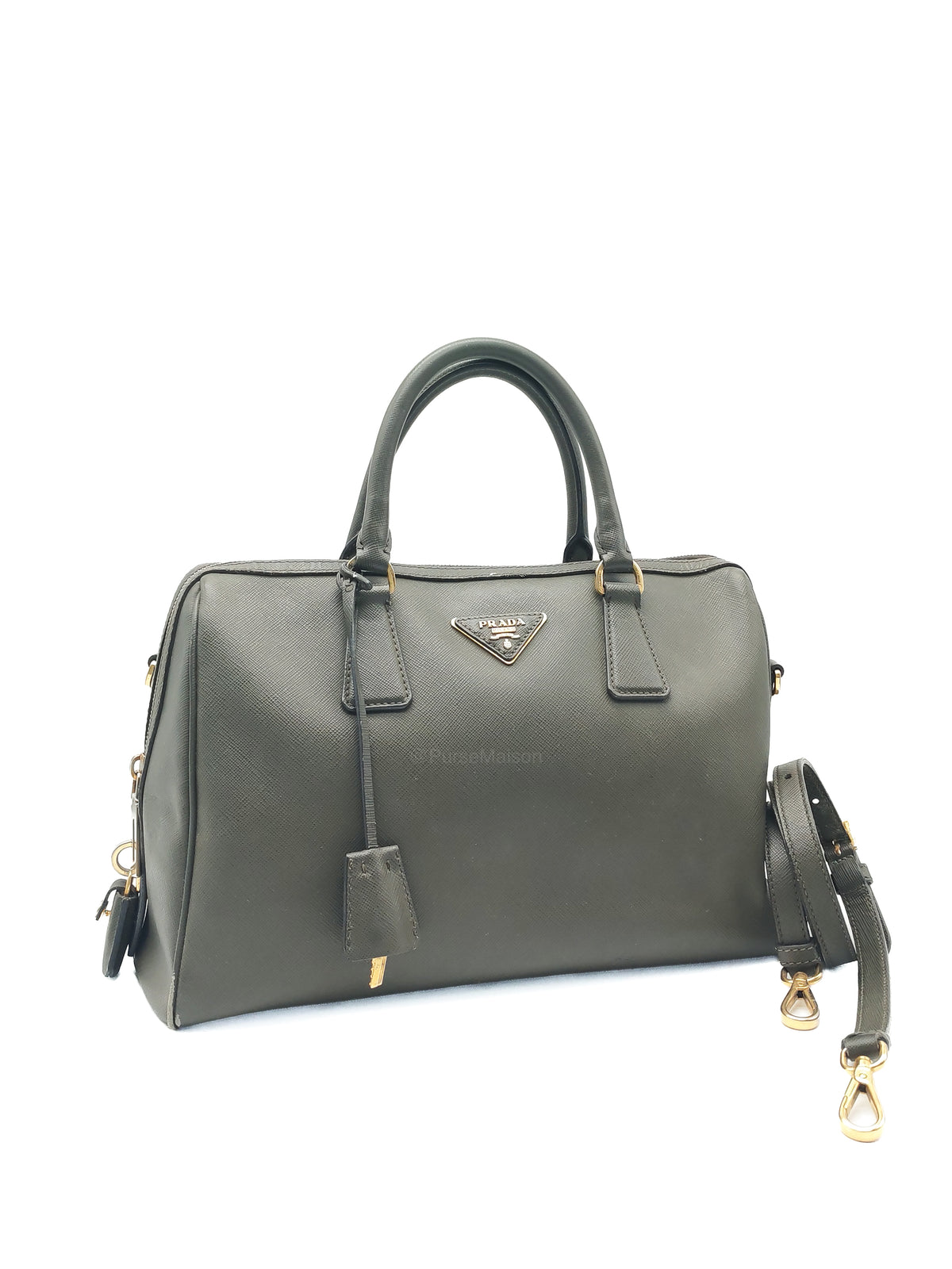 Prada Saffiano Lux Top Handle Bowler Bag in Olive Green Saffiano Cuir Leather and Gold Hardware