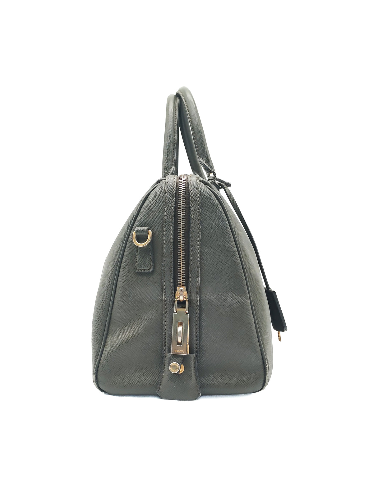 Prada Saffiano Lux Top Handle Bowler Bag in Olive Green Saffiano Cuir Leather and Gold Hardware