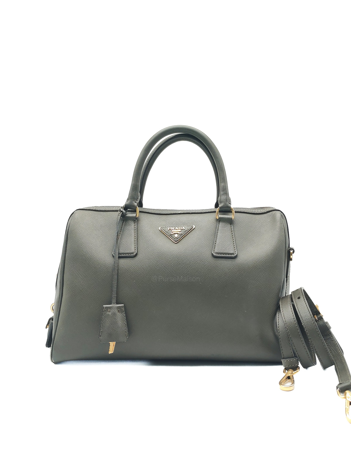 Prada Saffiano Lux Top Handle Bowler Bag in Olive Green Saffiano Cuir Leather and Gold Hardware