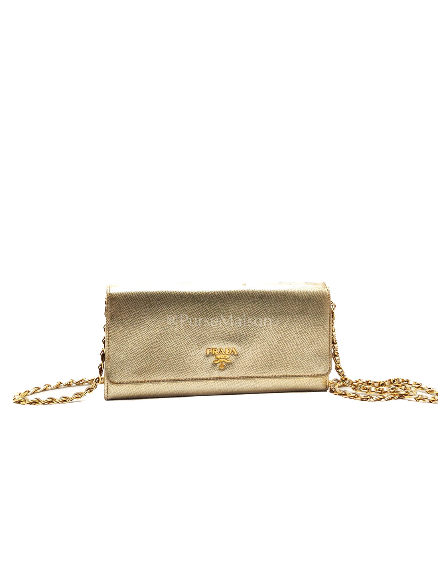 Prada Wallet on Chain Metal Oro in Gold Saffiano Leather and Gold Hardware