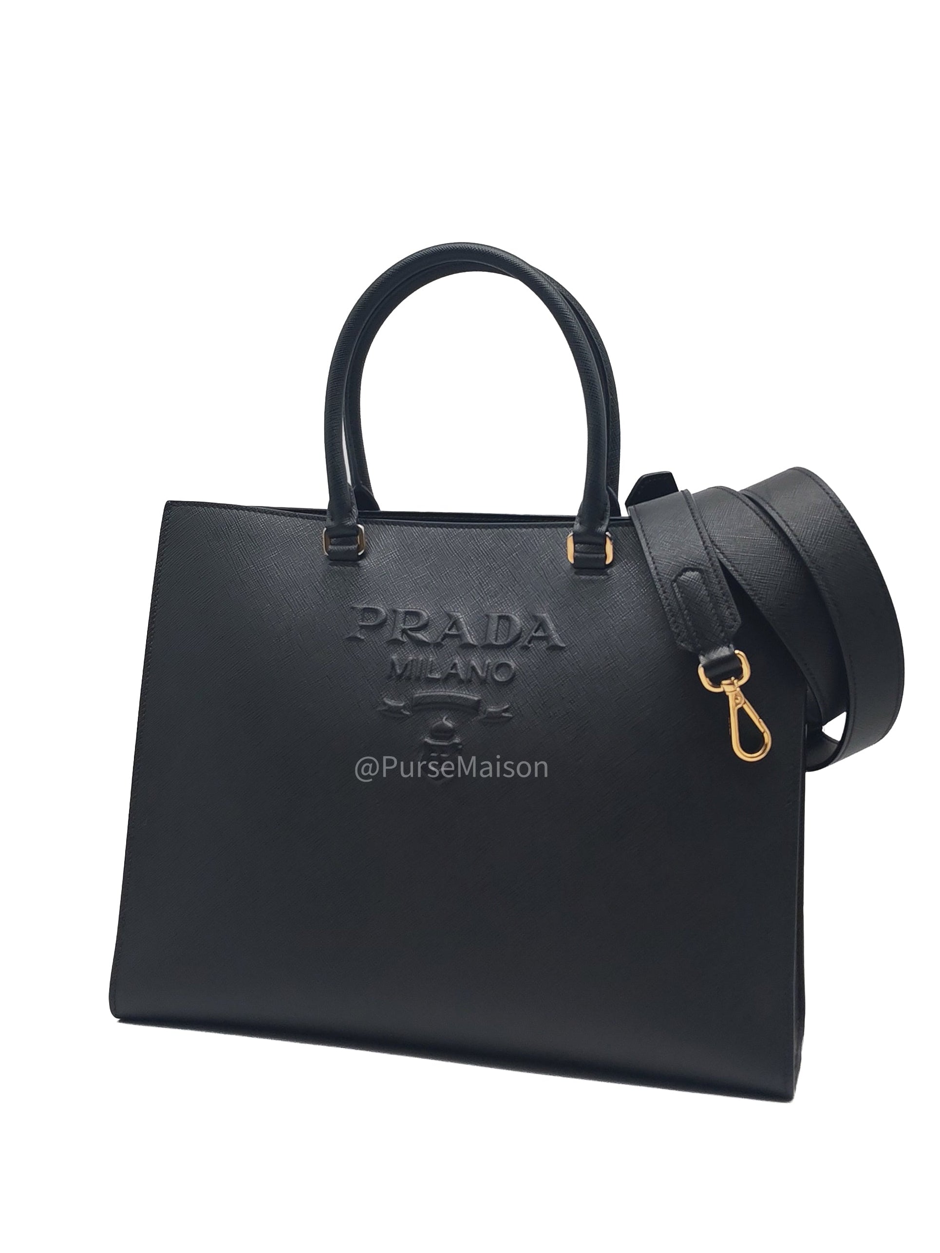 Prada Saffiano Lux Embossed Logo Medium Shoulder Tote Bag in Black Calfskin Leather and Gold Hardware