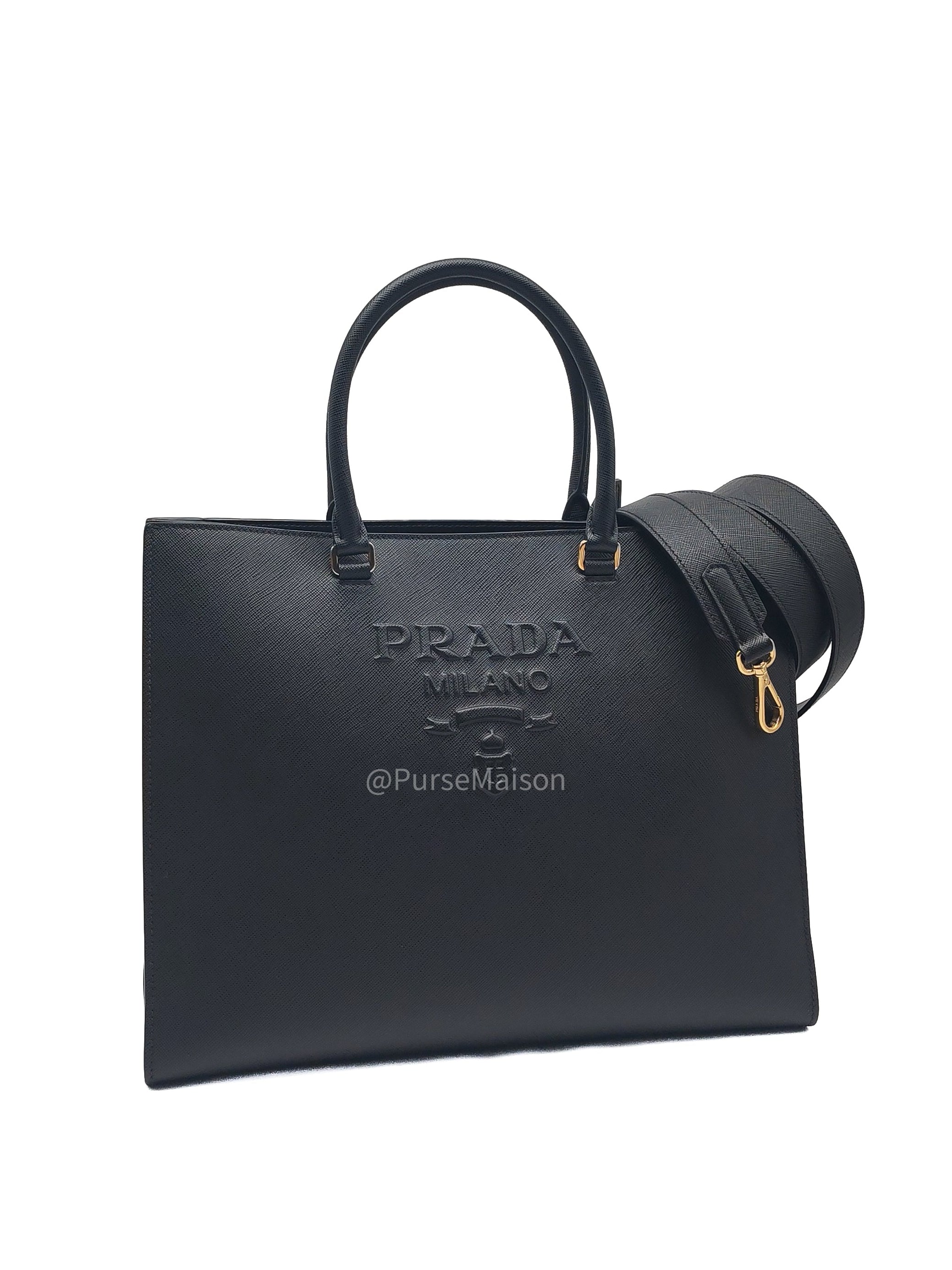 Prada Saffiano Lux Embossed Logo Medium Shoulder Tote Bag in Black Calfskin Leather and Gold Hardware