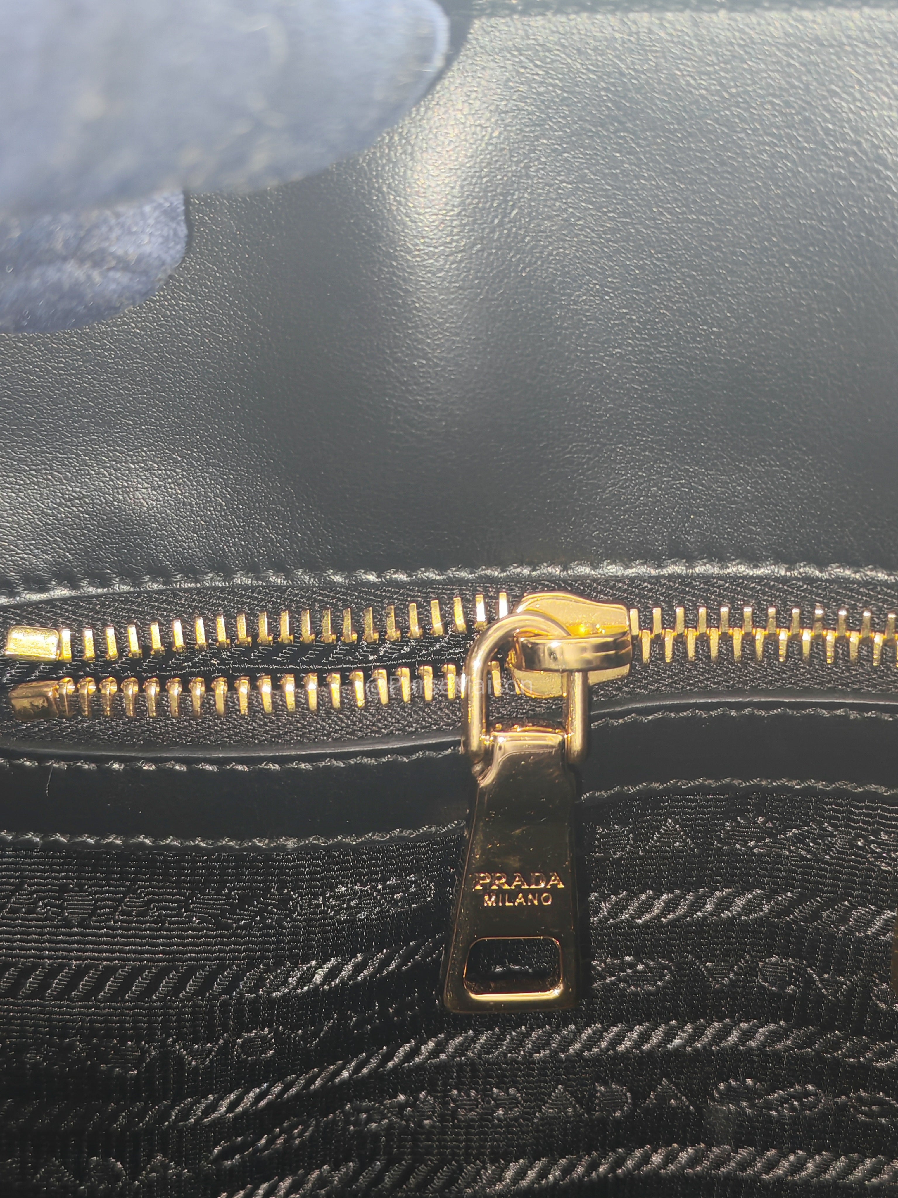 Prada Saffiano Lux Embossed Logo Medium Shoulder Tote Bag in Black Calfskin Leather and Gold Hardware