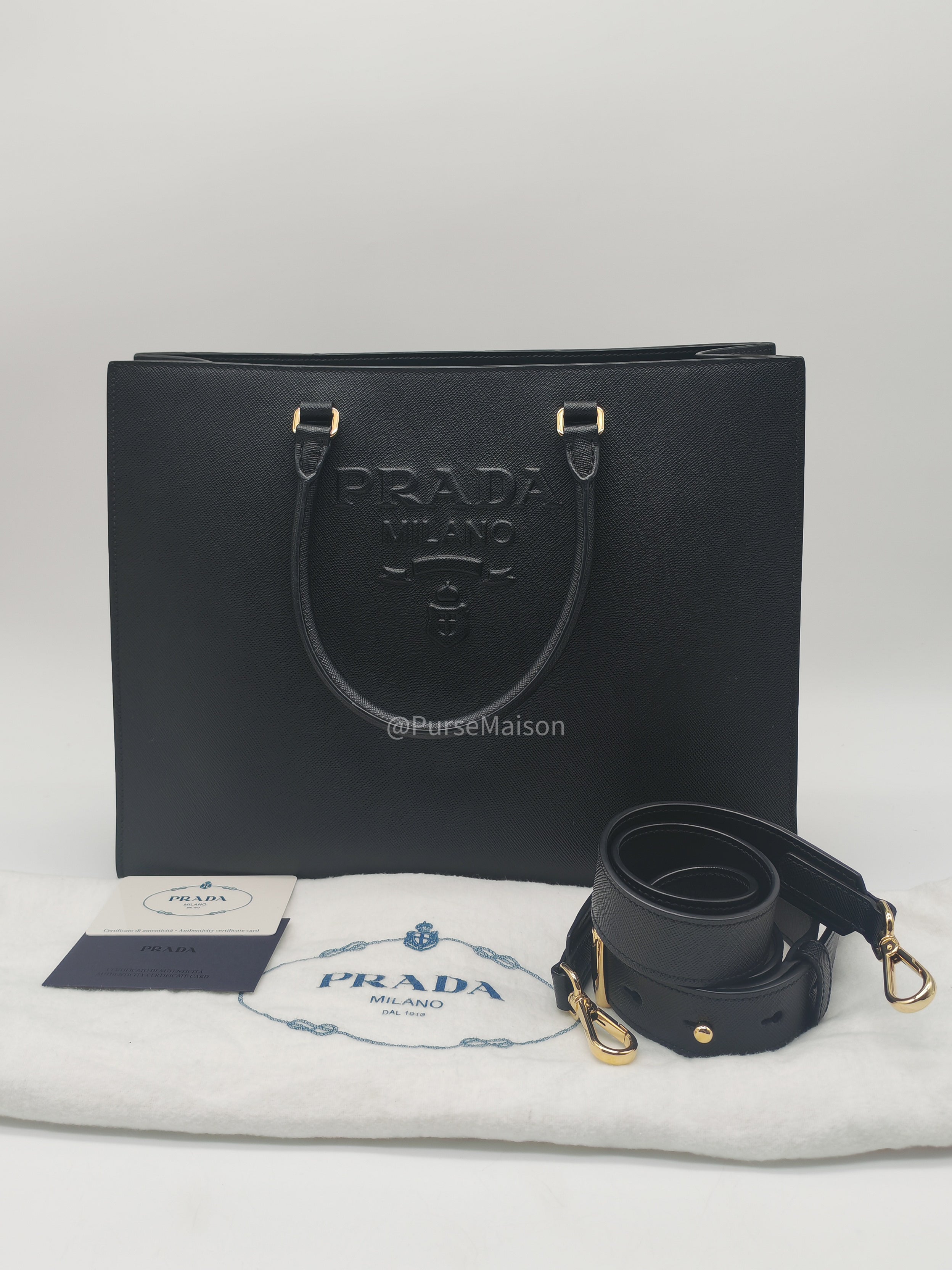 Prada Saffiano Lux Embossed Logo Medium Shoulder Tote Bag in Black Calfskin Leather and Gold Hardware