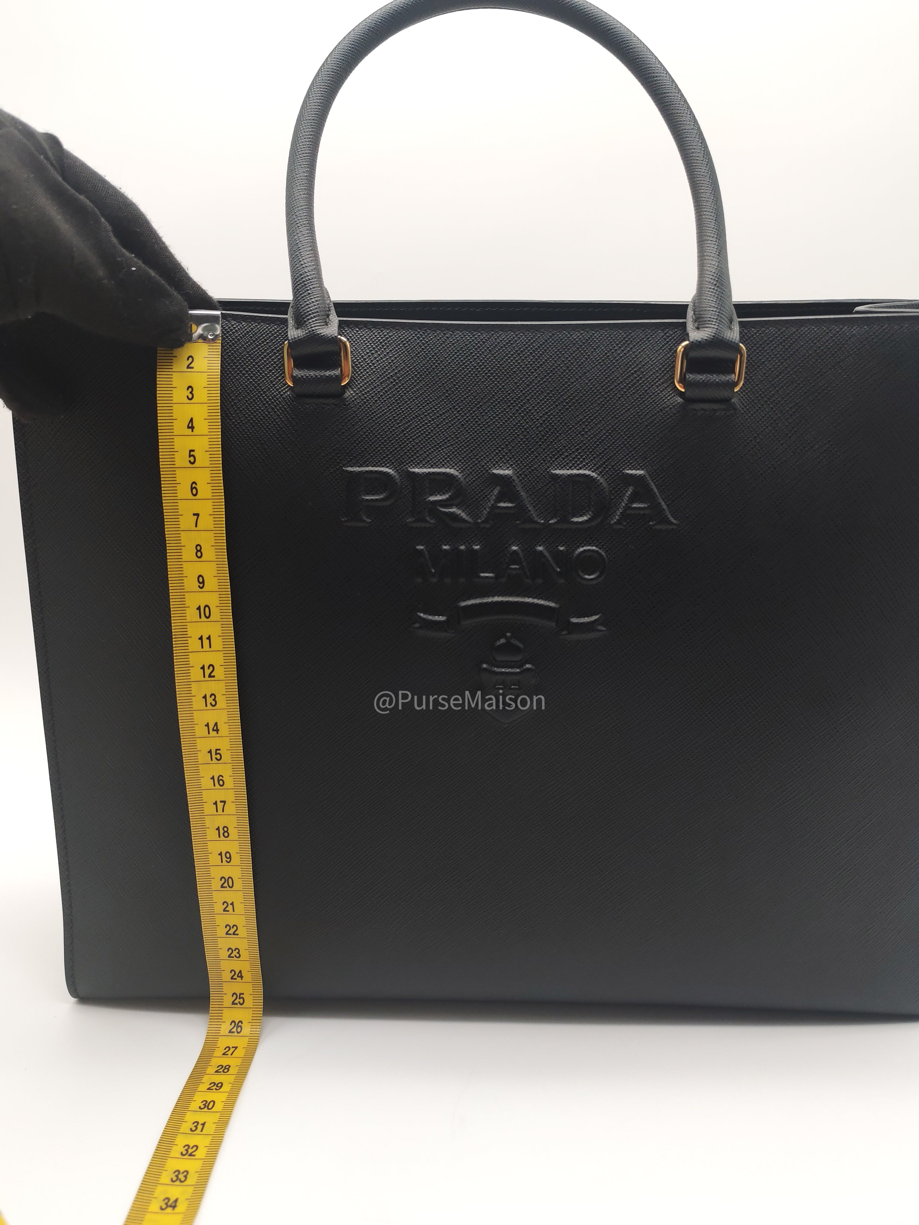 Prada Saffiano Lux Embossed Logo Medium Shoulder Tote Bag in Black Calfskin Leather and Gold Hardware