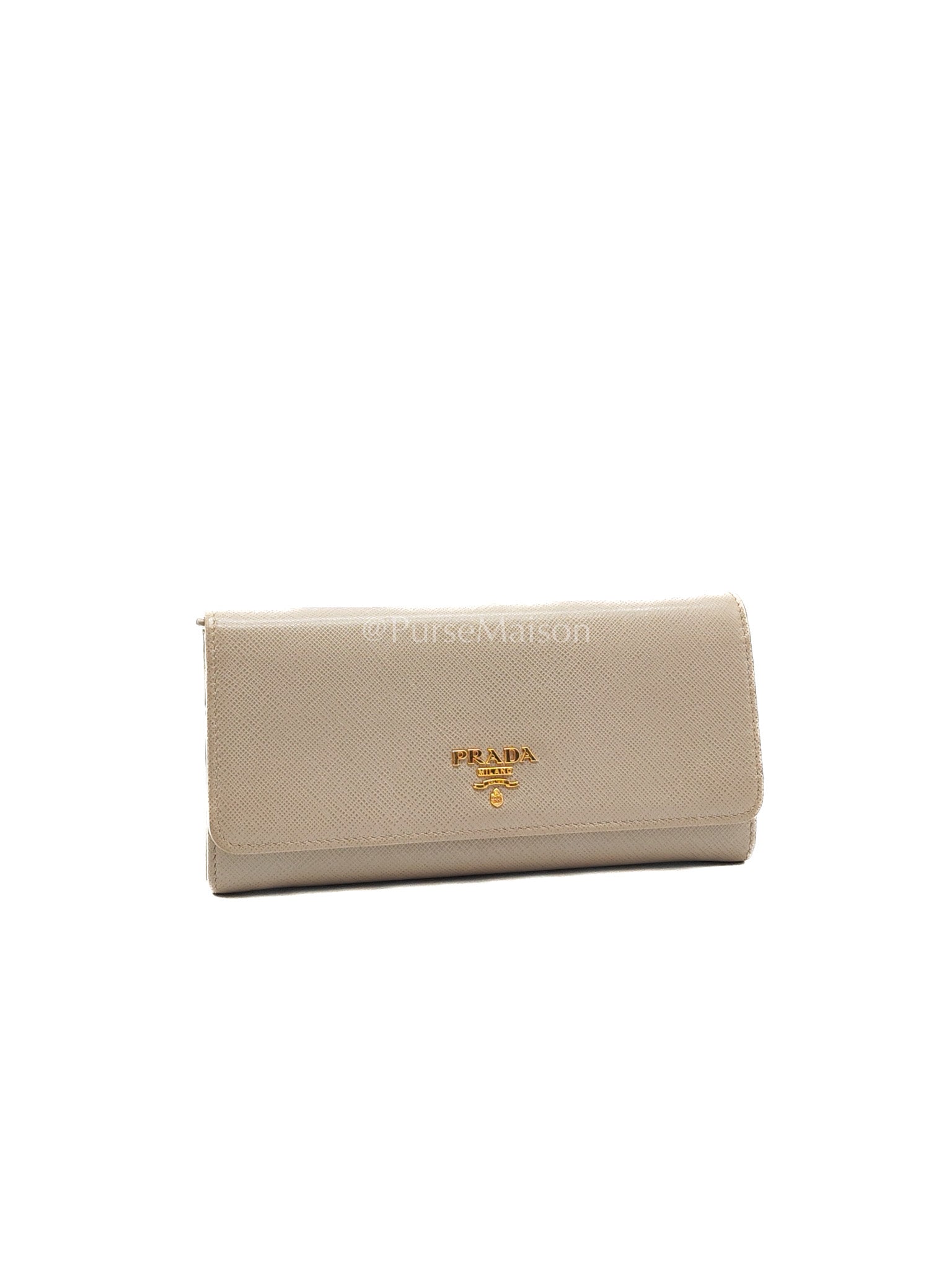 Prada Continental Flap Long Wallet in Light Beige Saffiano Leather and Gold Hardware