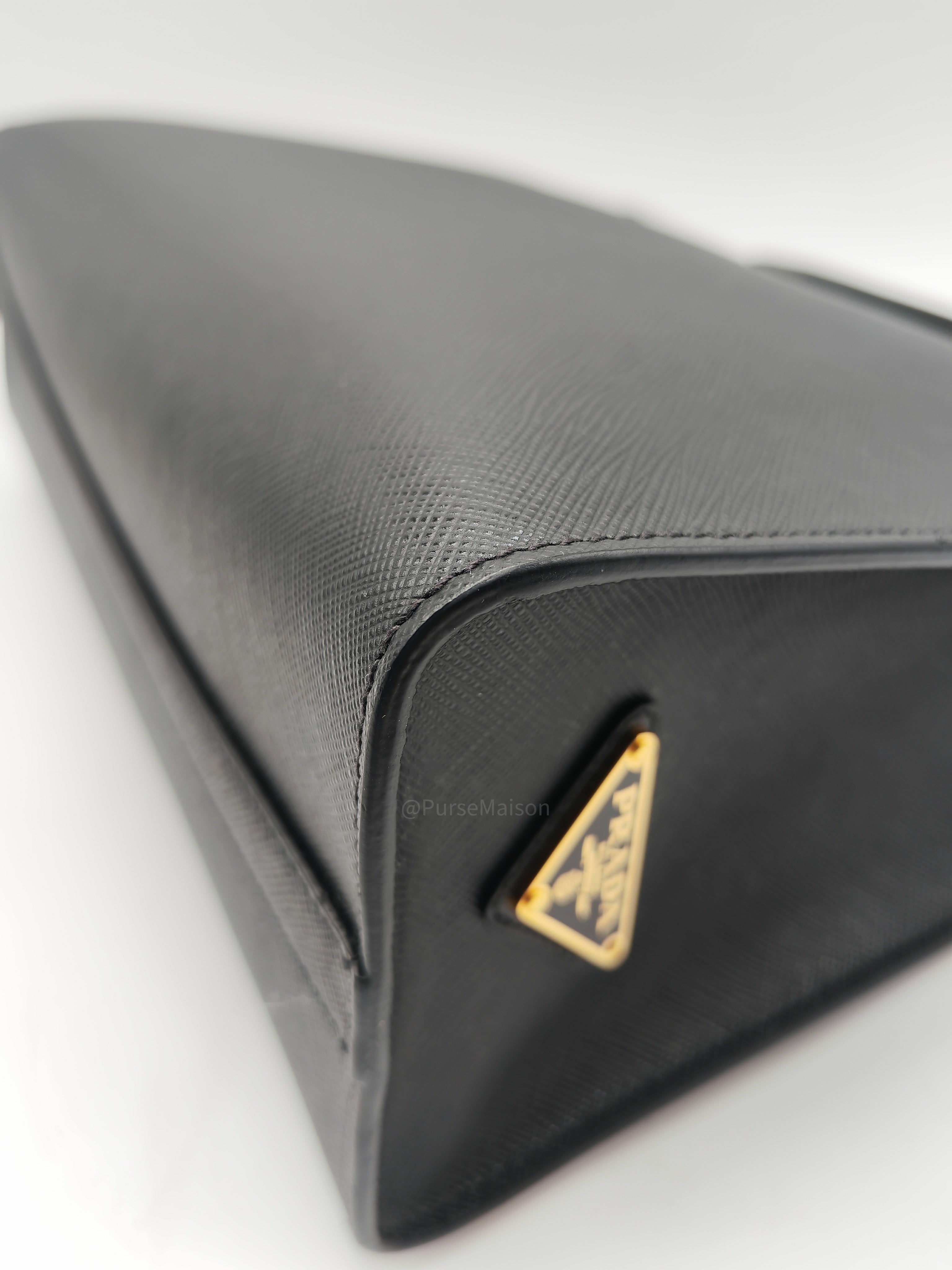 Prada Saffiano Lux Embossed Logo Medium Shoulder Tote Bag in Black Calfskin Leather and Gold Hardware