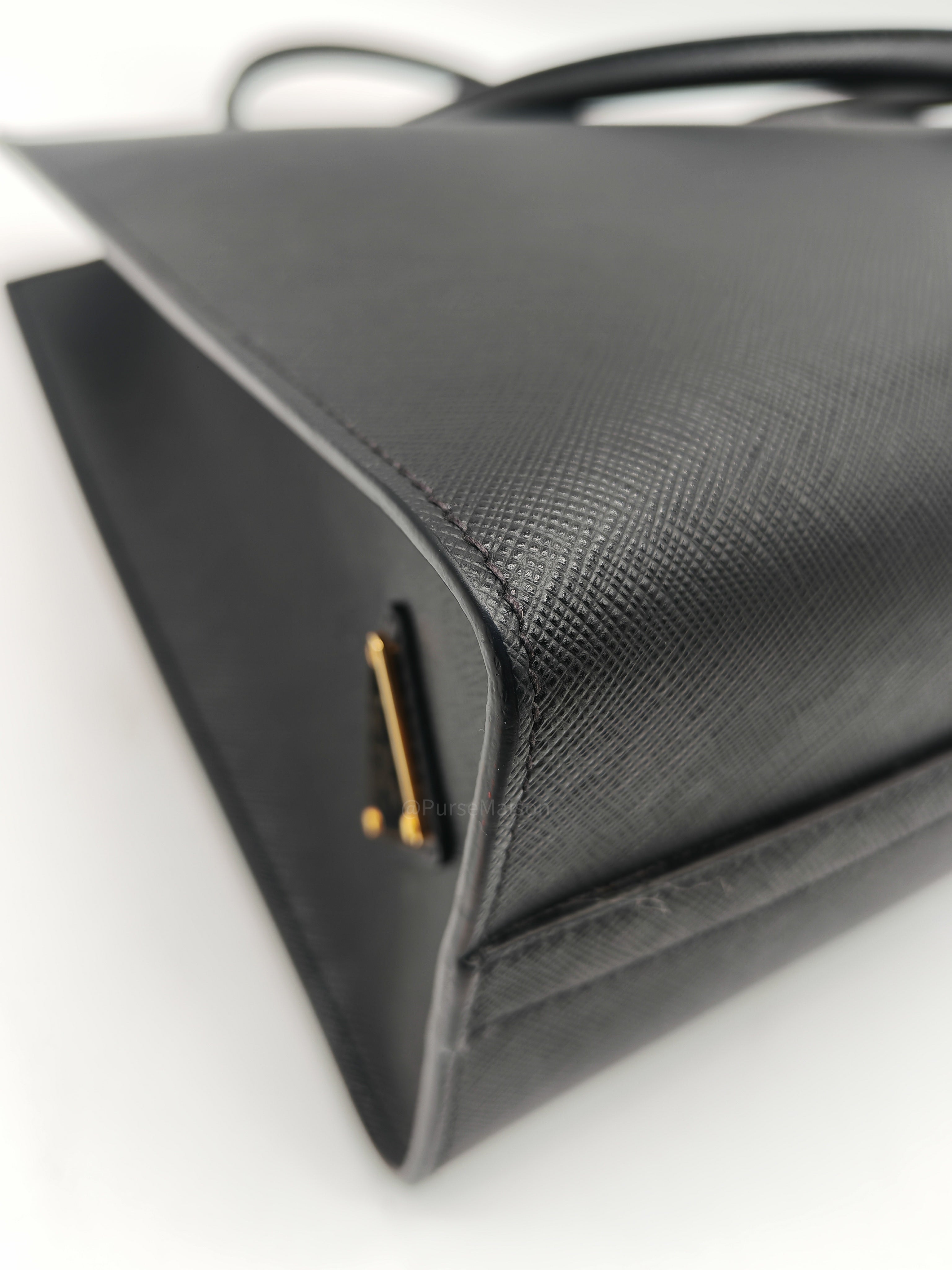 Prada Saffiano Lux Embossed Logo Medium Shoulder Tote Bag in Black Calfskin Leather and Gold Hardware
