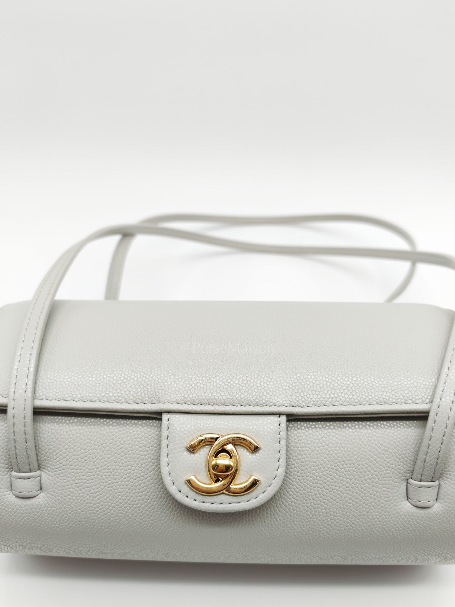 Preppy Coco Bowling Bag in Light Gray Caviar Leather & Brushed Gold Hardware (2026 Collection) | Purse Maison Luxury Bags Shop