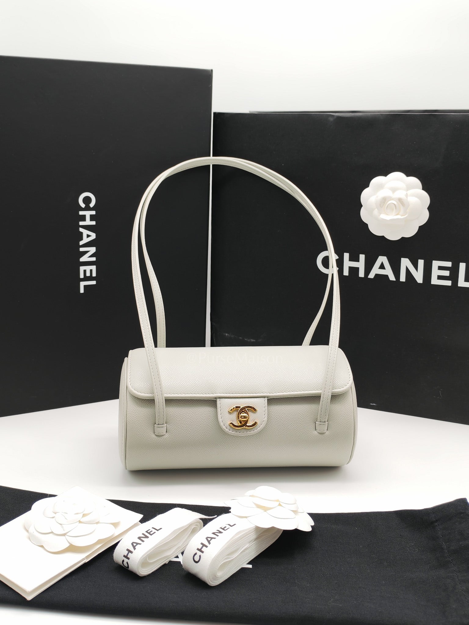 Preppy Coco Bowling Bag in Light Gray Caviar Leather & Brushed Gold Hardware (2026 Collection) | Purse Maison Luxury Bags Shop