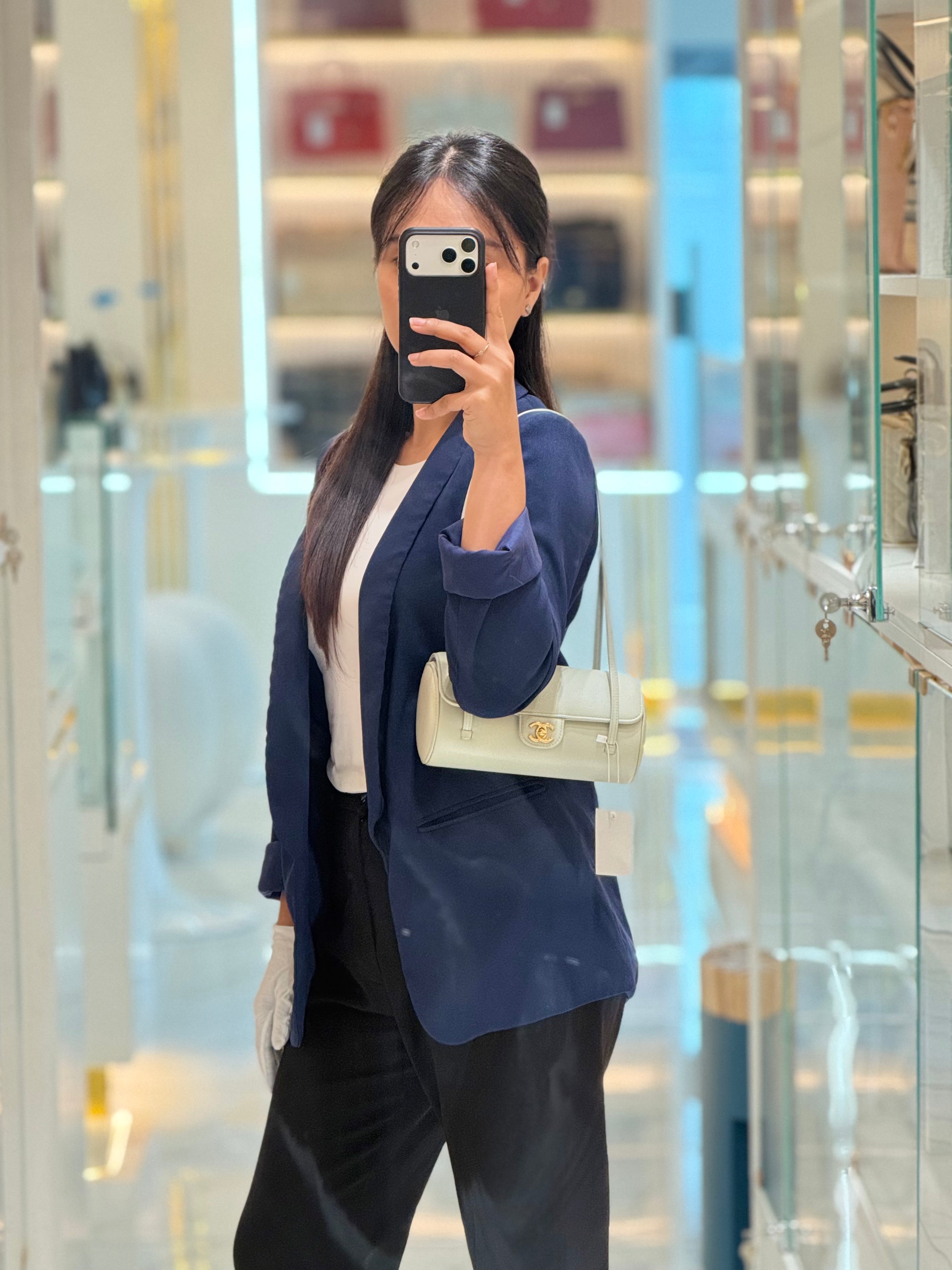 Preppy Coco Bowling Bag in Light Gray Caviar Leather & Brushed Gold Hardware (2026 Collection) | Purse Maison Luxury Bags Shop