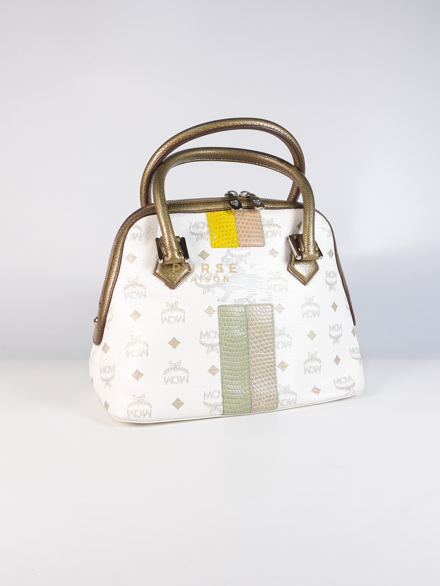 Princess Lion Boston Bag in White Coated Canvas & Leather | Purse Maison Luxury Bags Shop