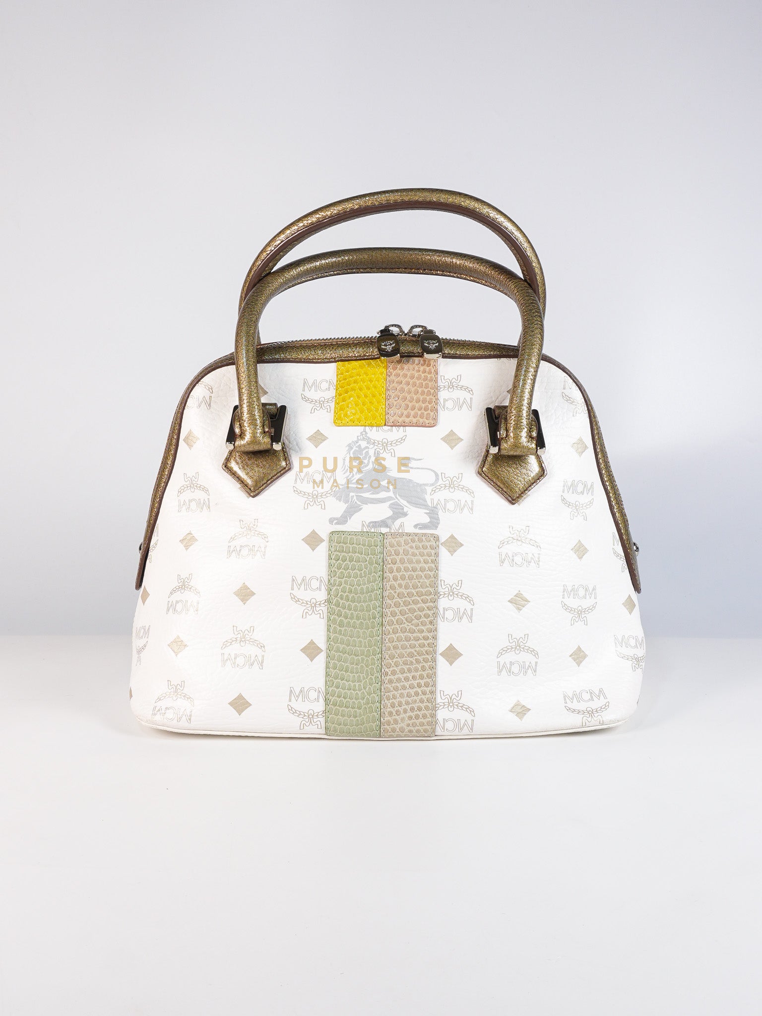 Princess Lion Boston Bag in White Coated Canvas & Leather | Purse Maison Luxury Bags Shop