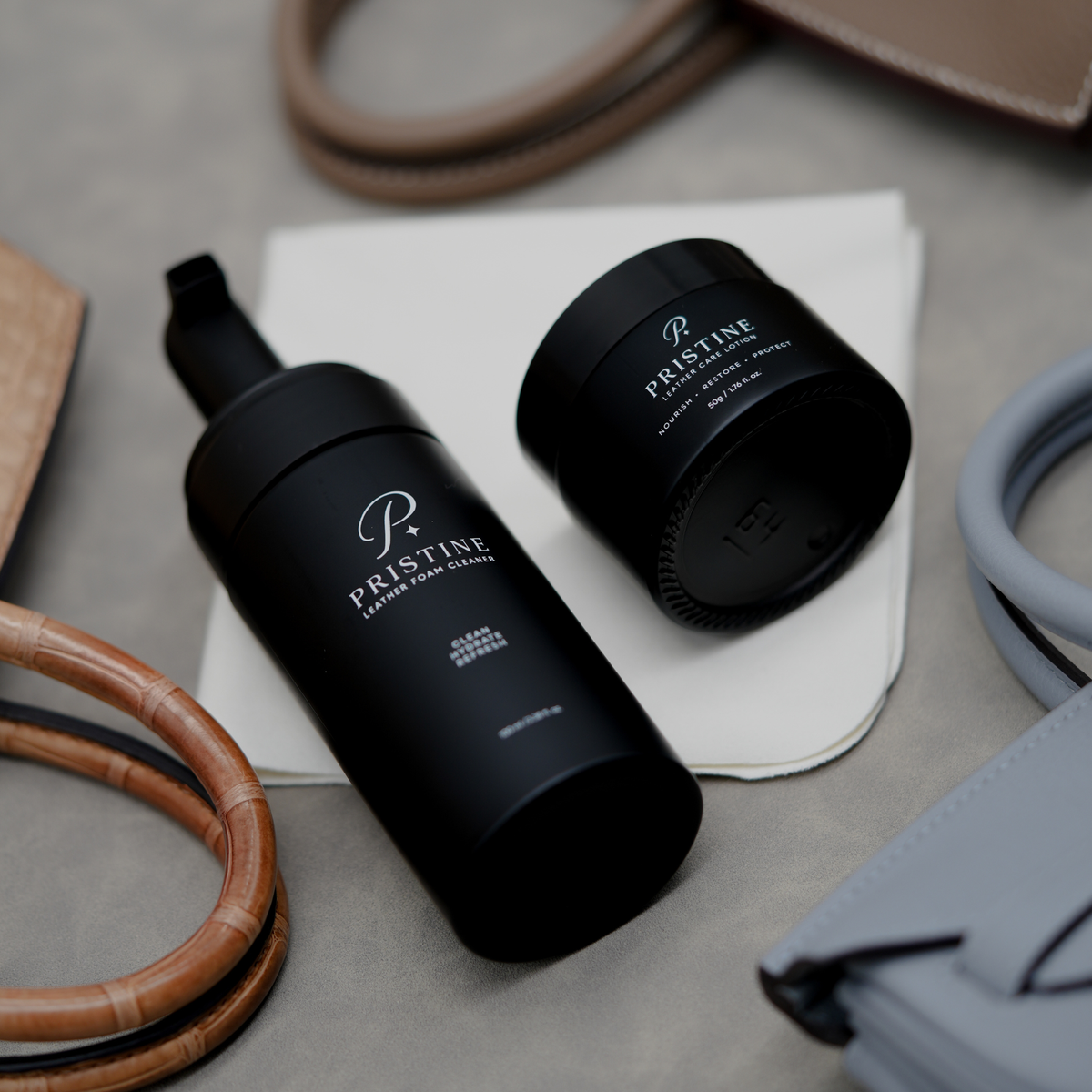 Pristine Leather Care System – Foam Cleaner 100ml, Care Lotion 50g & Cloth | Purse Maison Luxury Bags Shop