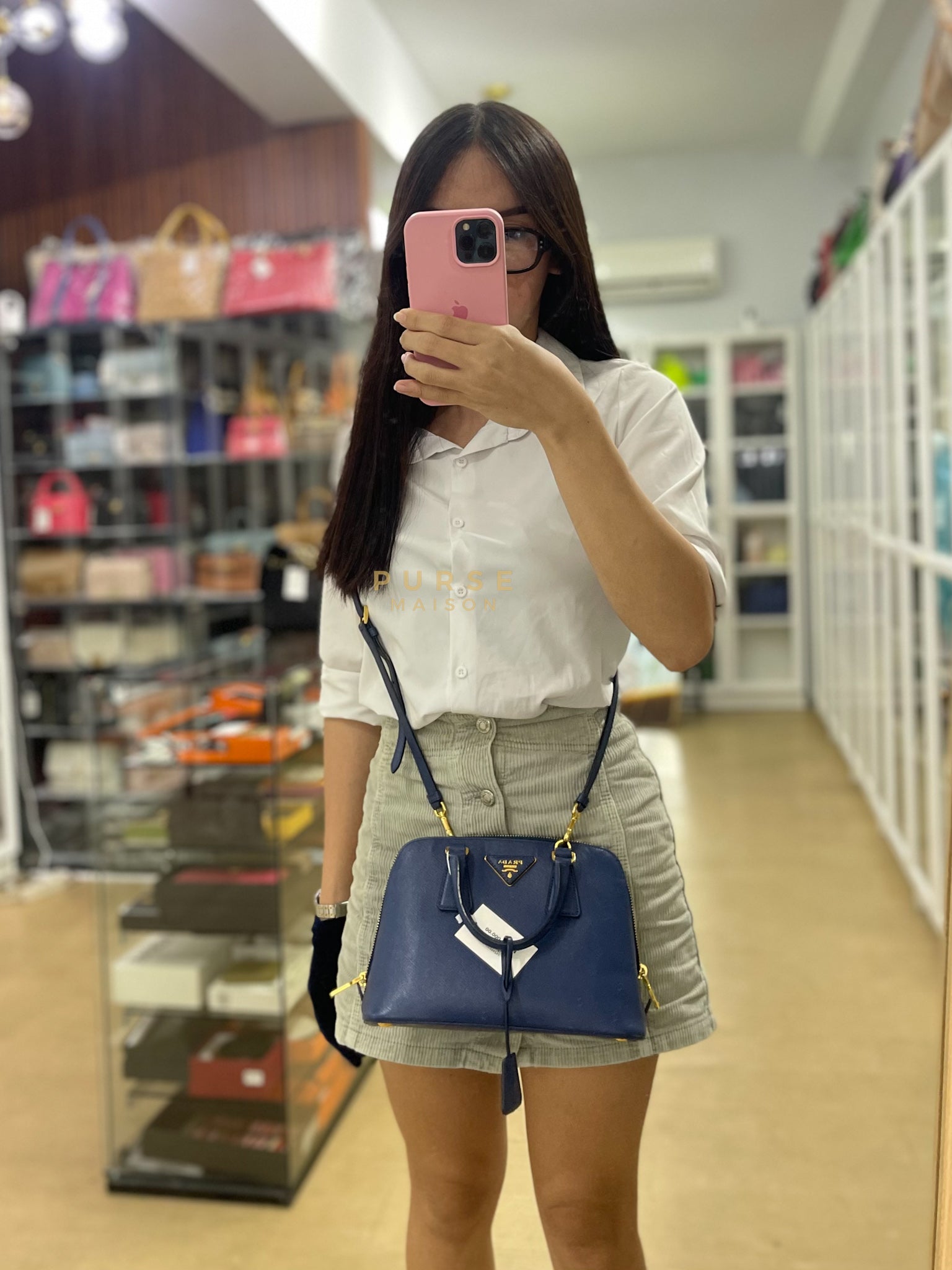 Promenade 2Way Shoulder Bag in Dark Blue Saffiano Lux Leather | Purse Maison Luxury Bags Shop