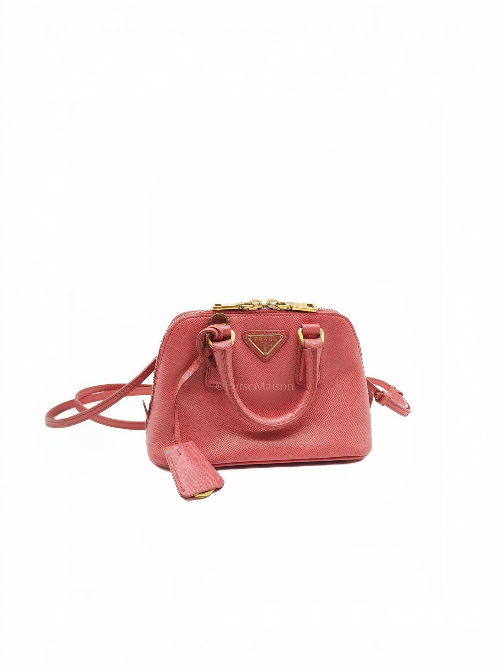 Promenade Mini Bag in Pink Saffiano Lux Leather & Gold Hardware | Purse Maison Luxury Bags Shop