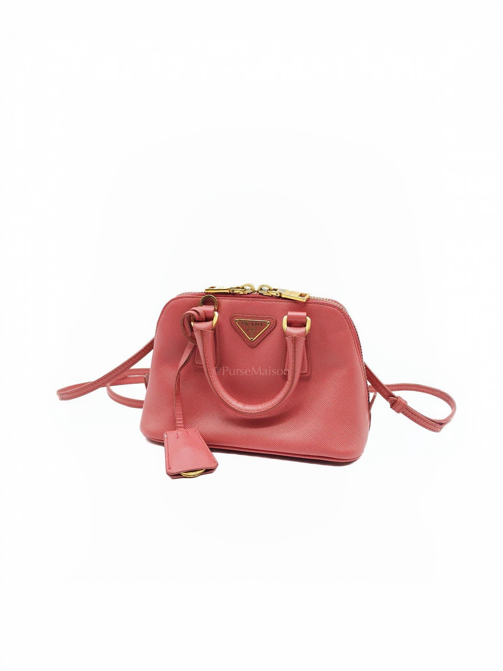 Promenade Mini Bag in Pink Saffiano Lux Leather & Gold Hardware | Purse Maison Luxury Bags Shop