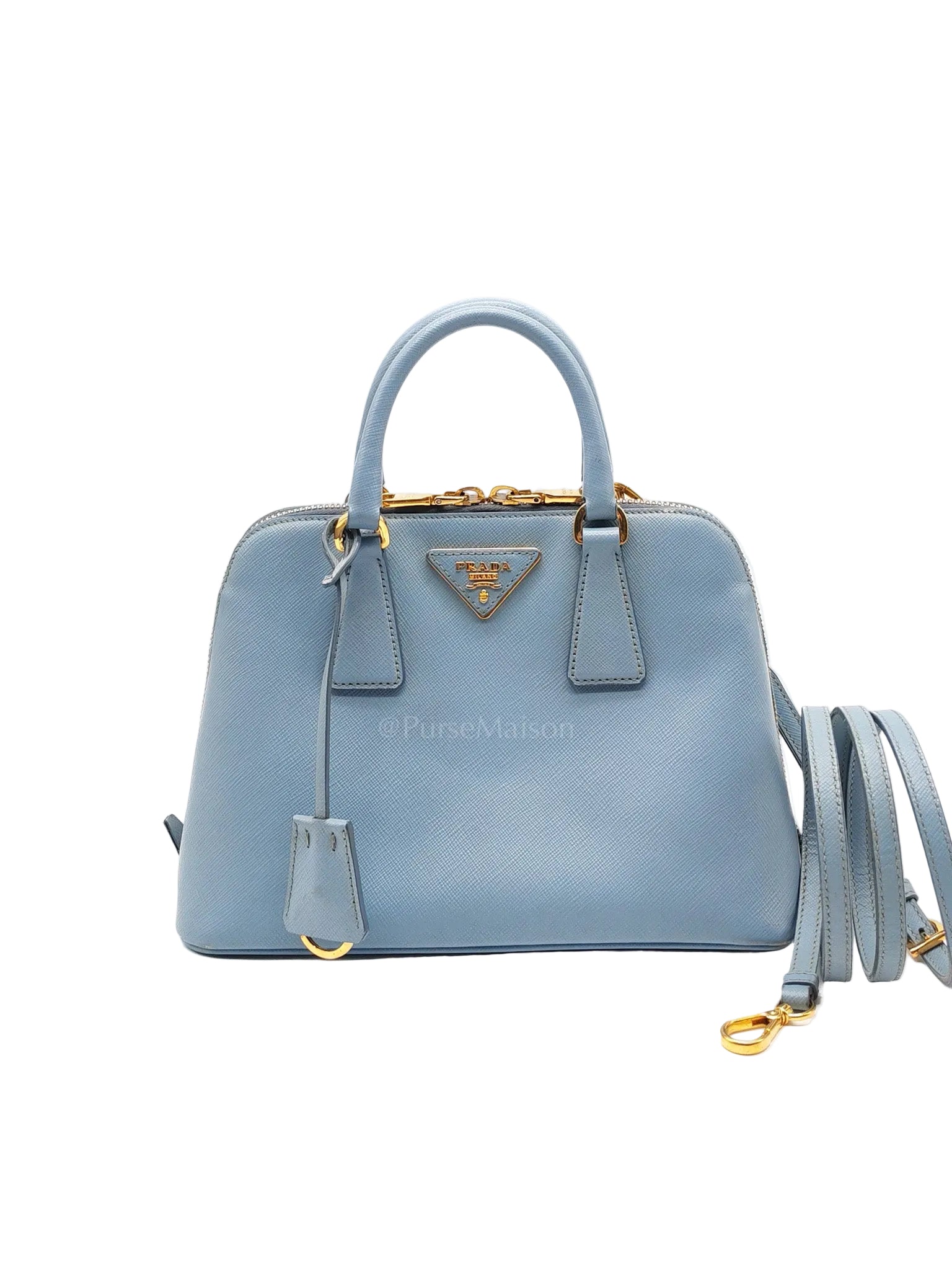 Promenade Small Bag in Light Blue Saffiano Lux Leather & Gold Hardware | Purse Maison Luxury Bags Shop