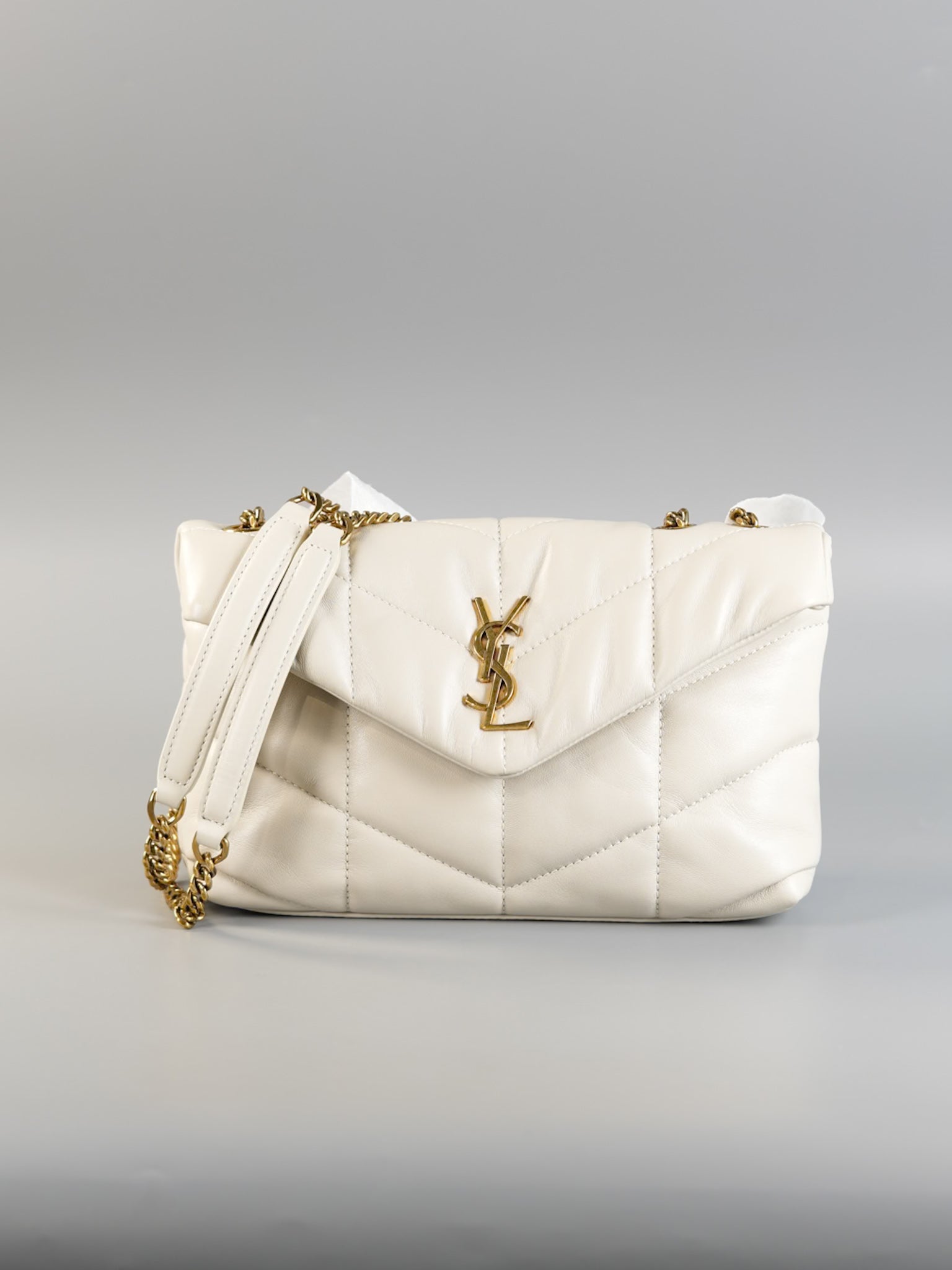 Puffer Small Bag in White Lambskin & Gold Hardware | Purse Maison Luxury Bags Shop