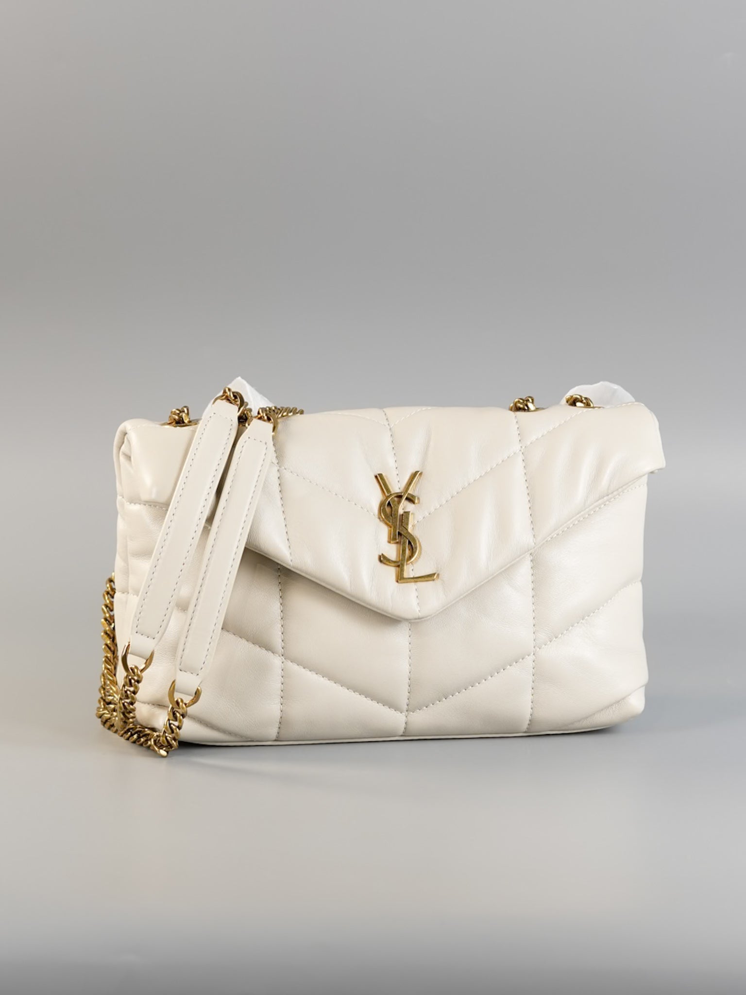 Puffer Small Bag in White Lambskin & Gold Hardware | Purse Maison Luxury Bags Shop