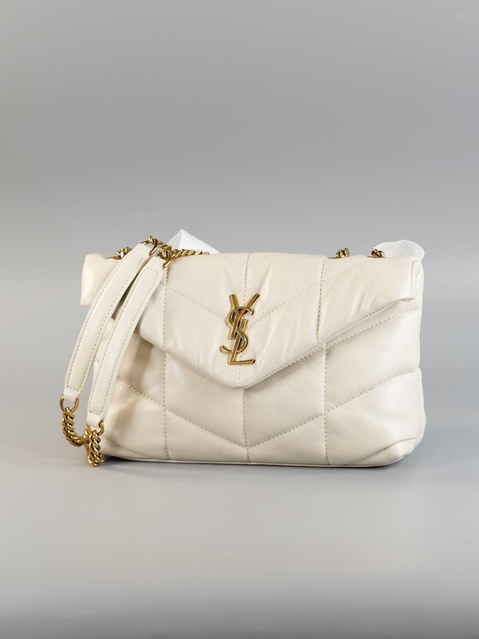 Puffer Small Bag in White Lambskin & Gold Hardware | Purse Maison Luxury Bags Shop