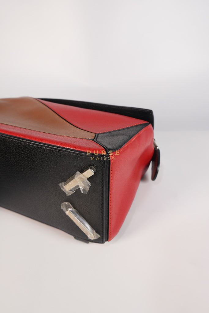 Puzzle Bag Small in Tricolor Brown/Red/Black Goatskin Leather | Purse Maison Luxury Bags Shop