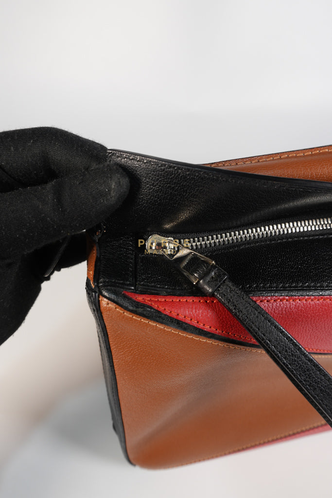 Puzzle Bag Small in Tricolor Brown/Red/Black Goatskin Leather | Purse Maison Luxury Bags Shop