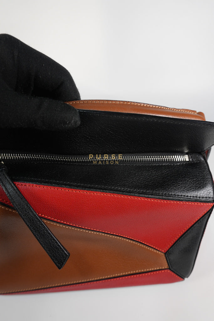 Puzzle Bag Small in Tricolor Brown/Red/Black Goatskin Leather | Purse Maison Luxury Bags Shop