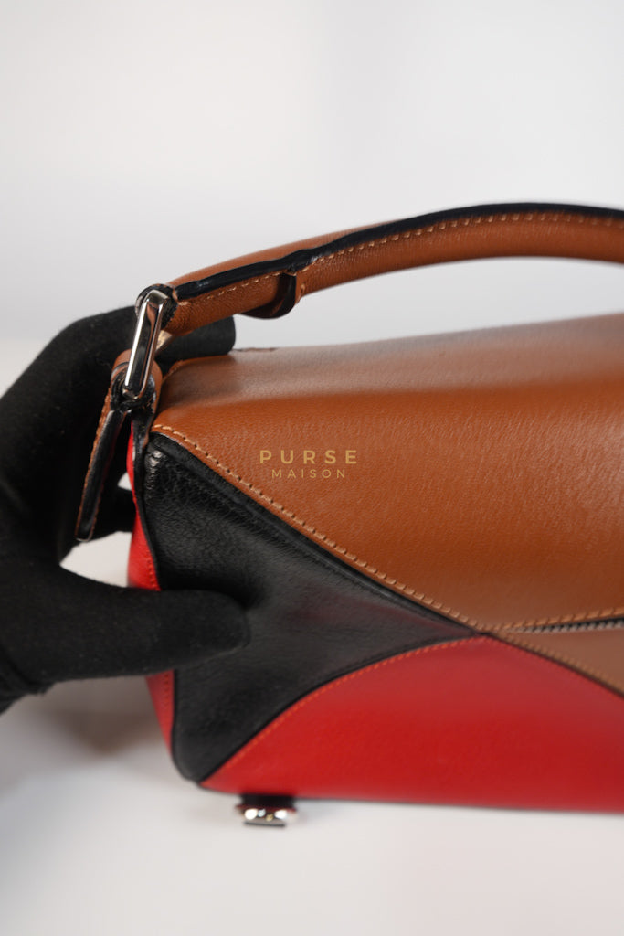 Puzzle Bag Small in Tricolor Brown/Red/Black Goatskin Leather | Purse Maison Luxury Bags Shop