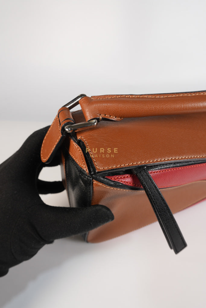 Puzzle Bag Small in Tricolor Brown/Red/Black Goatskin Leather | Purse Maison Luxury Bags Shop