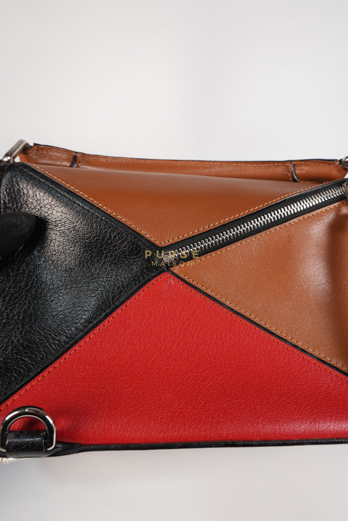 Puzzle Bag Small in Tricolor Brown/Red/Black Goatskin Leather | Purse Maison Luxury Bags Shop