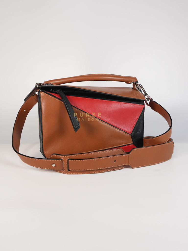 Puzzle Bag Small in Tricolor Brown/Red/Black Goatskin Leather | Purse Maison Luxury Bags Shop