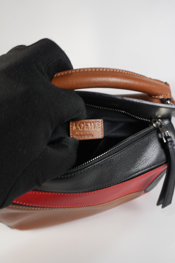 Puzzle Bag Small in Tricolor Brown/Red/Black Goatskin Leather | Purse Maison Luxury Bags Shop