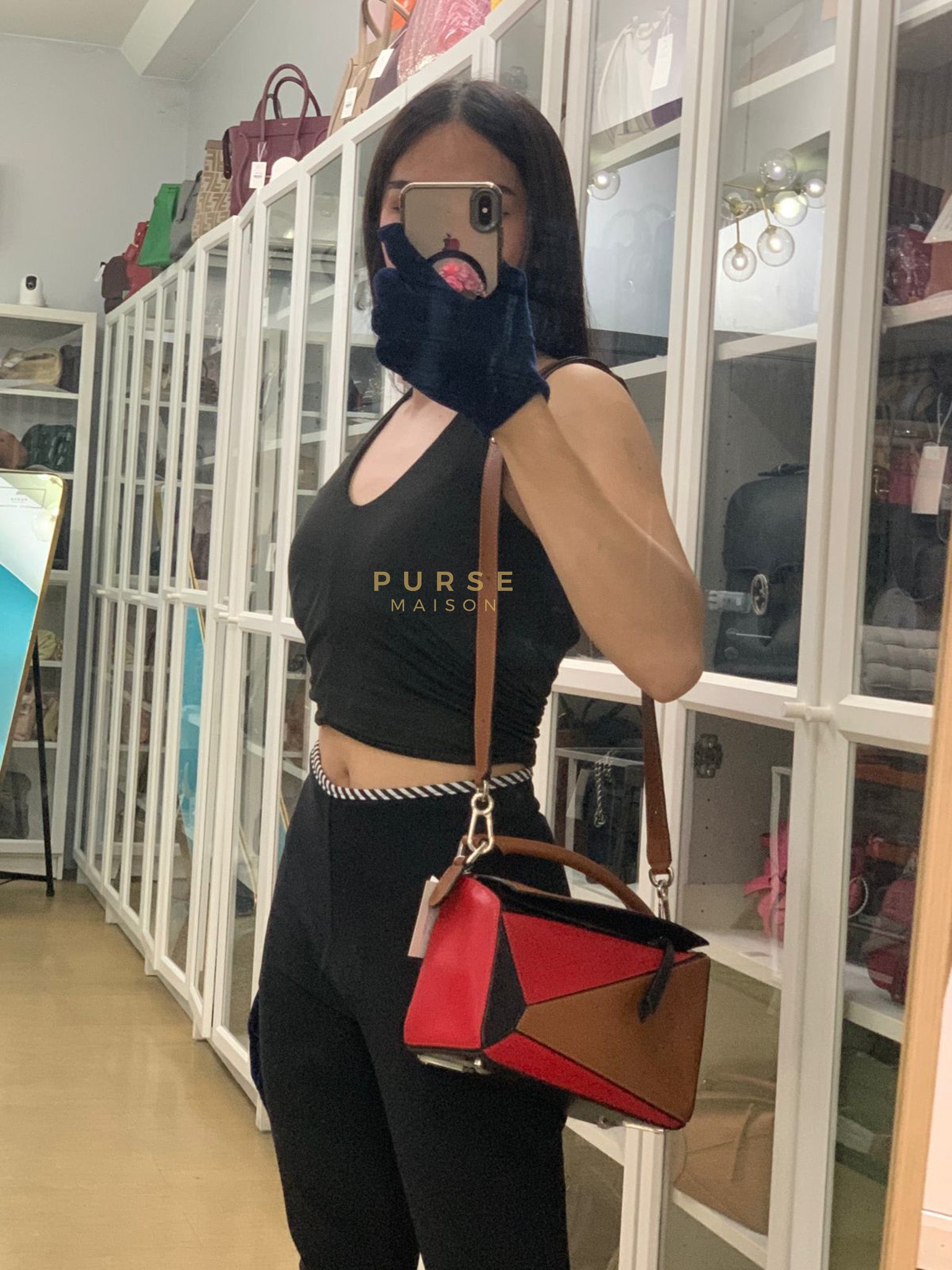 Puzzle Bag Small in Tricolor Brown/Red/Black Goatskin Leather | Purse Maison Luxury Bags Shop
