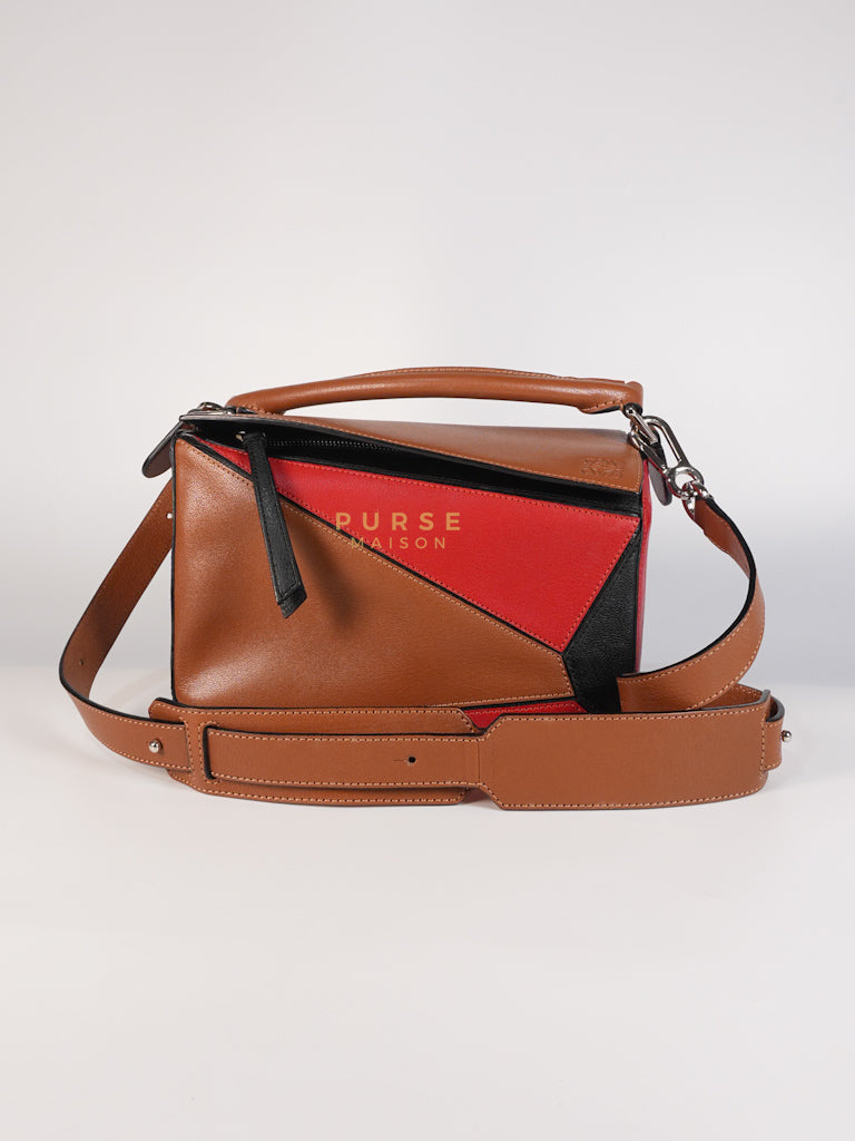 Puzzle Bag Small in Tricolor Brown/Red/Black Goatskin Leather | Purse Maison Luxury Bags Shop