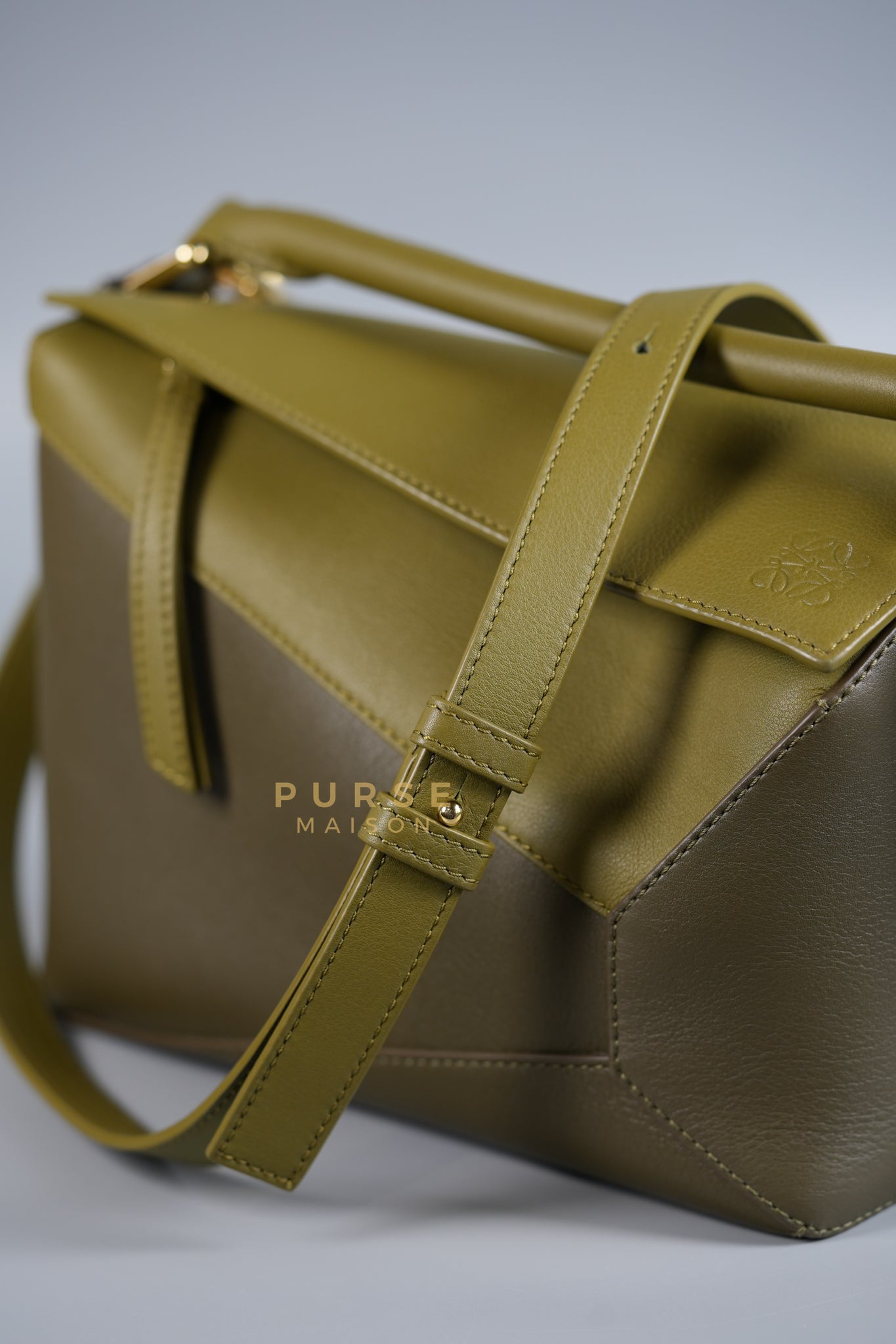 Puzzle Edge Small Bag in Bicolor Bag Olive/Khaki Green Calfskin Leather | Purse Maison Luxury Bags Shop